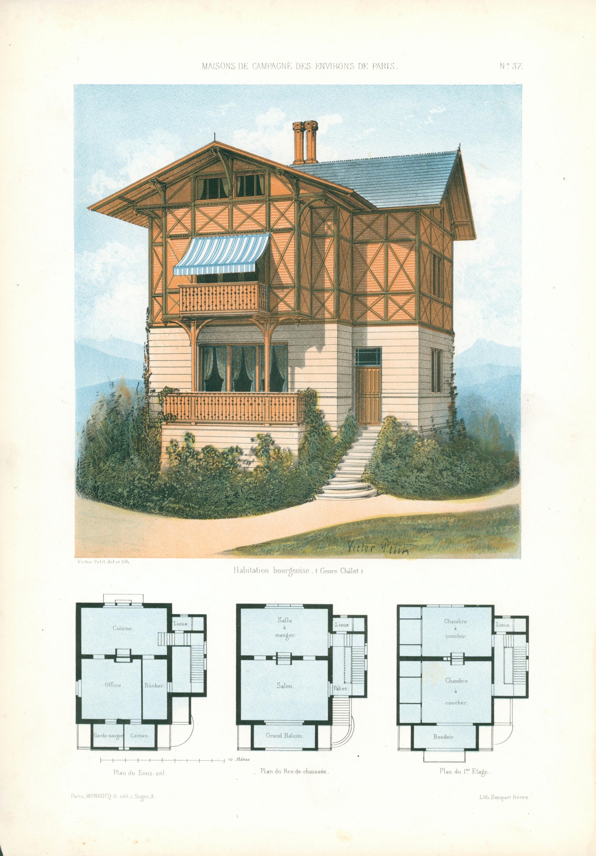 Maisons de Campagne- French Architectural Plan, NO.37 - Authentic Vintage Antique Print