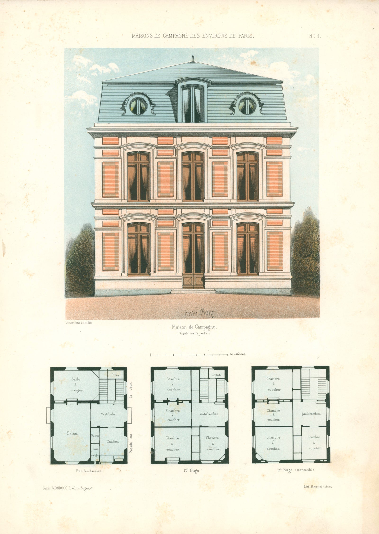 Maisons de Campagne- French Architectural Plan, NO.1 - Authentic Vintage Antique Print