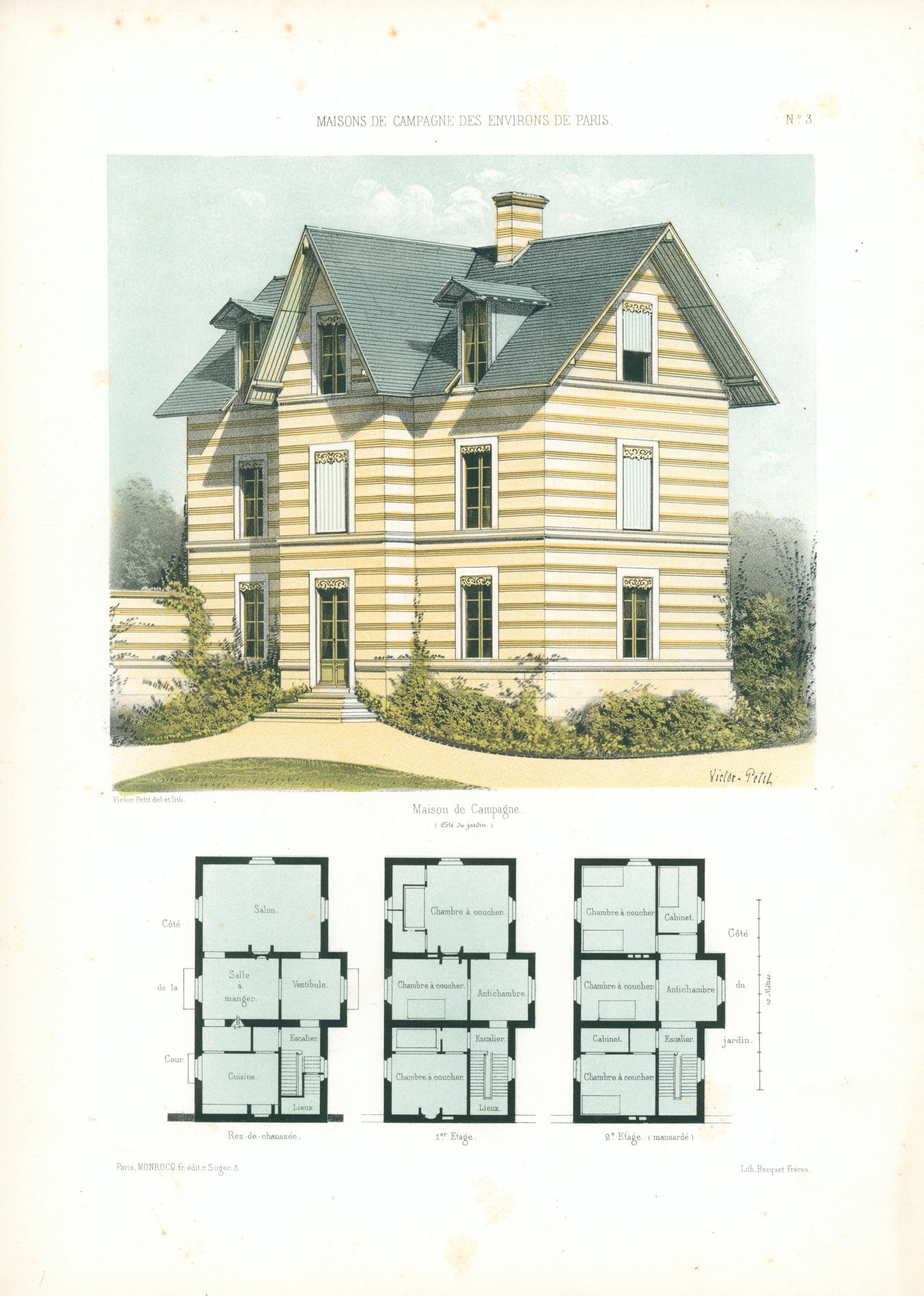 Maisons de Campagne- French Architectural Plan, NO.3 - Authentic Vintage Antique Print