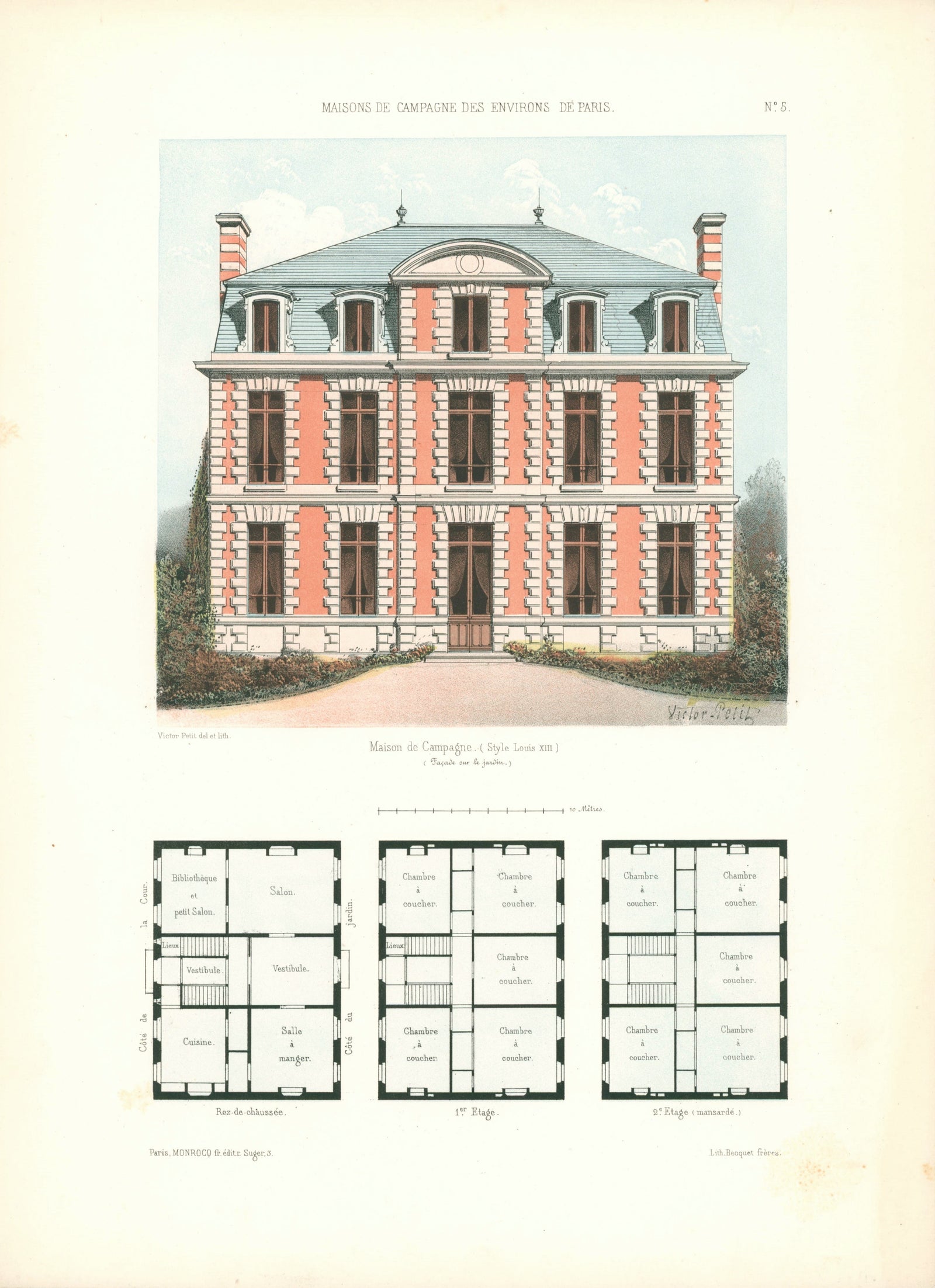 Maisons de Campagne- French Architectural Plan, NO.5 - Authentic Vintage Antique Print