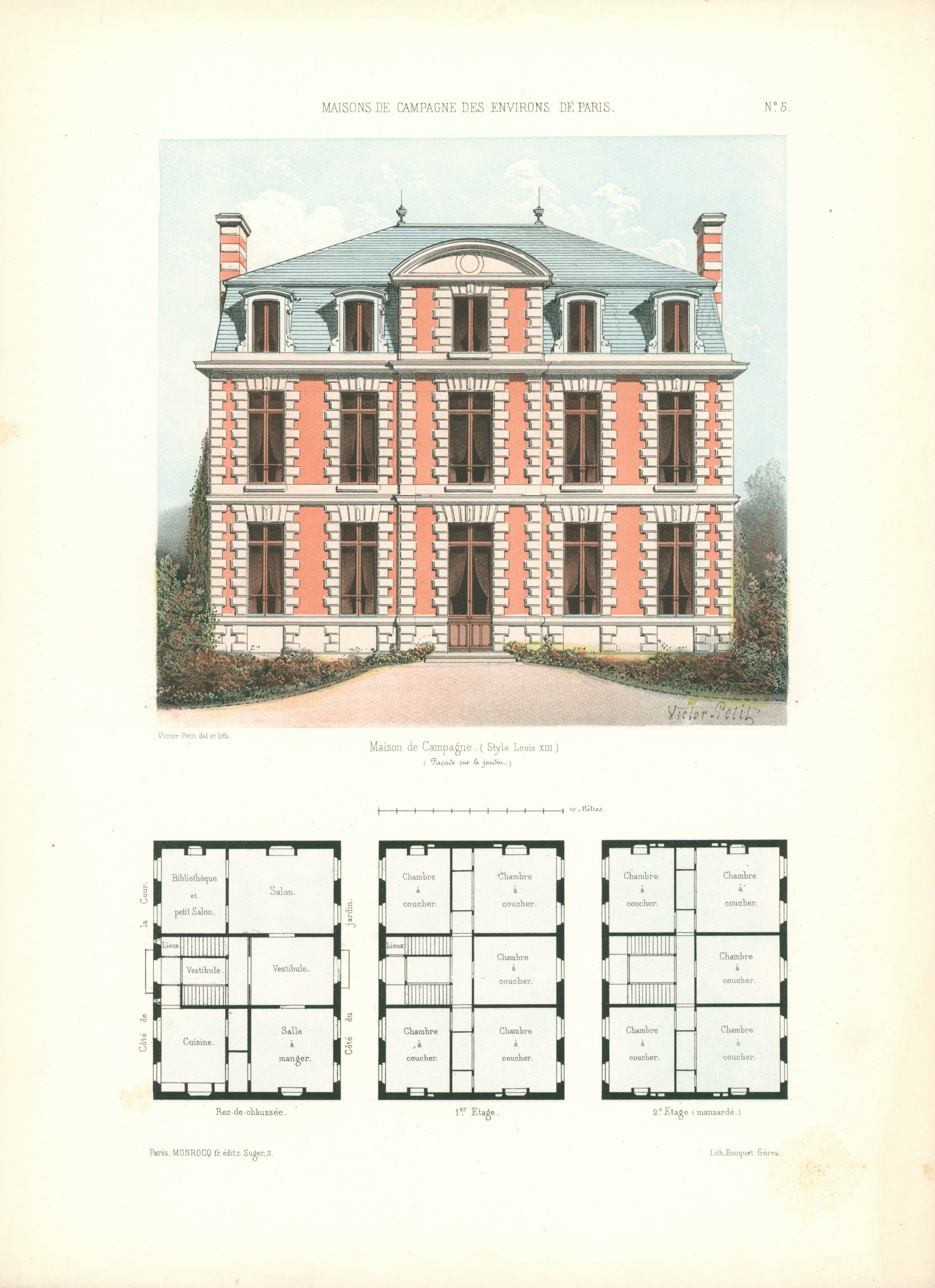 Maisons de Campagne- French Architectural Plan, NO.5 - Authentic Vintage Antique Print