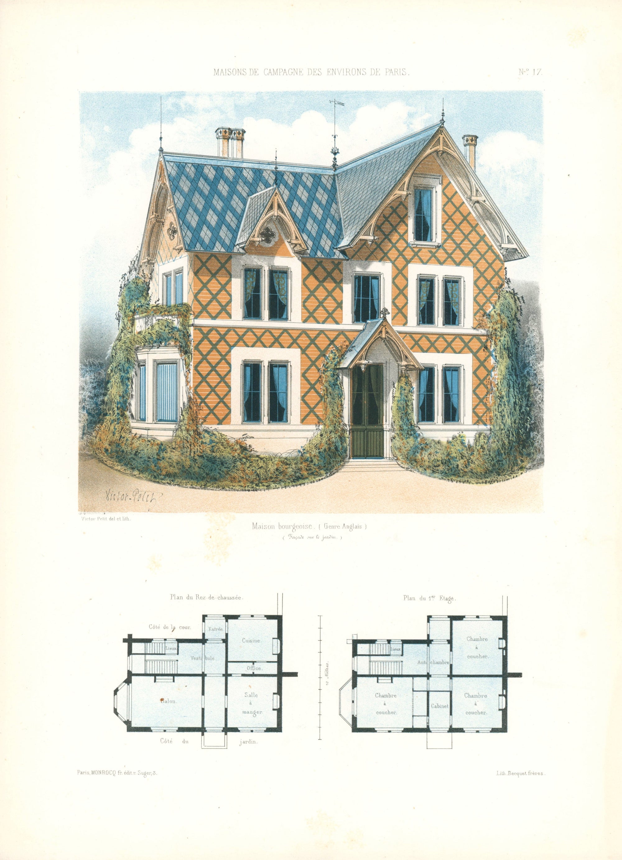 Maisons de Campagne- French Architectural Plan, NO.17 - Authentic Vintage Antique Print