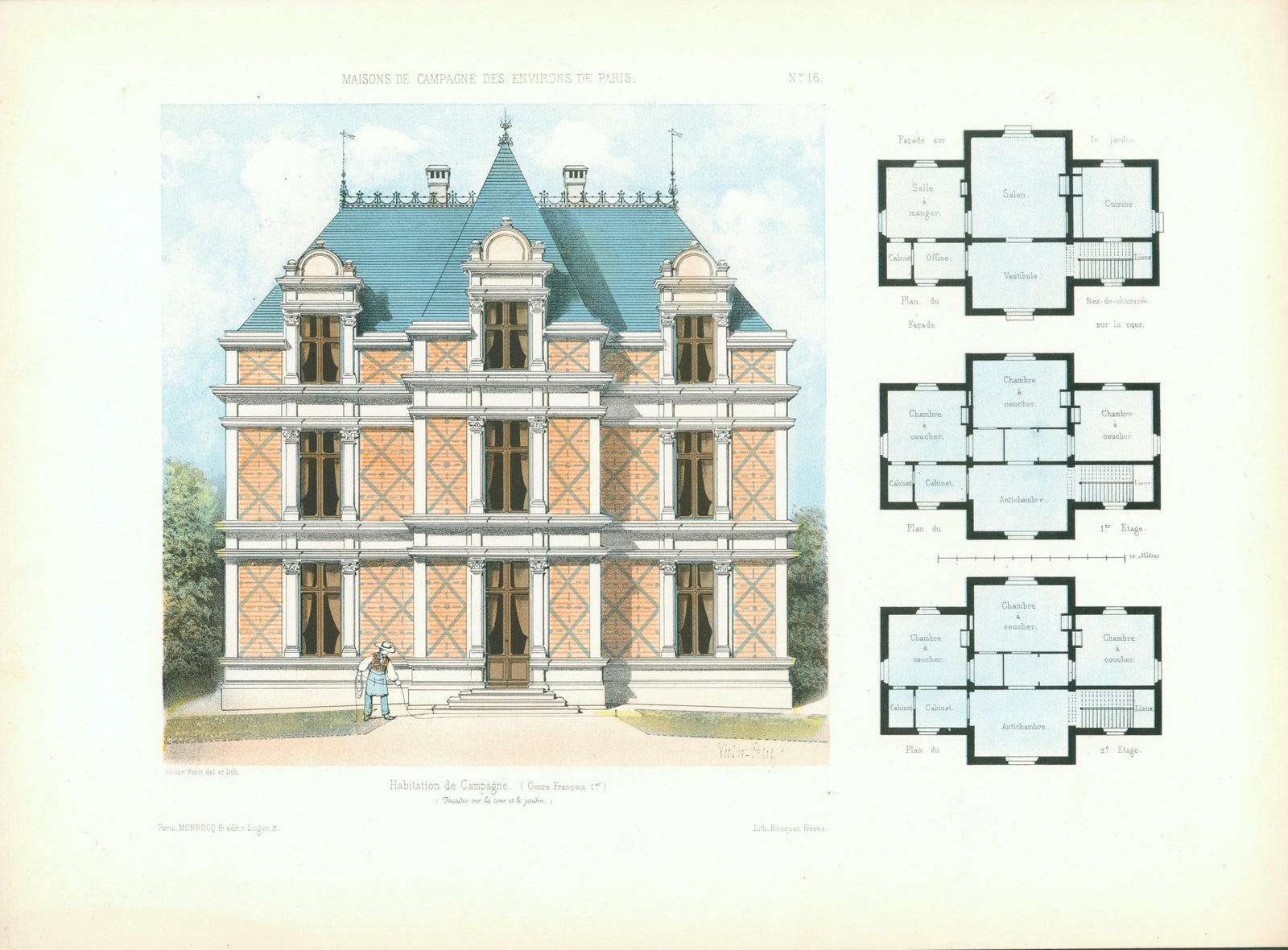 Maisons de Campagne- French Architectural Plan, NO.16 - Authentic Vintage Antique Print
