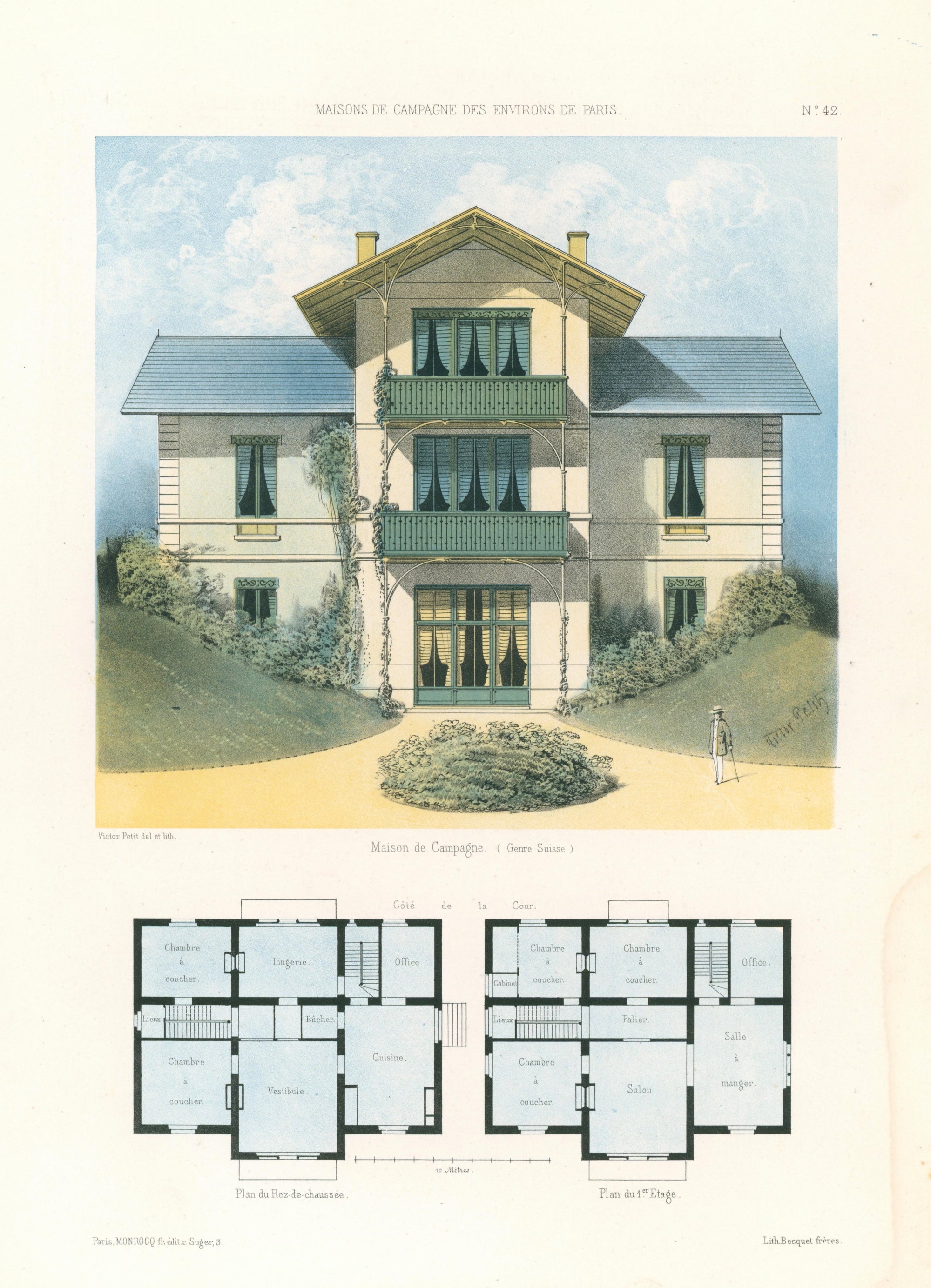 Maisons de Campagne- French Architectural Plan, NO.42 - Authentic Vintage Antique Print