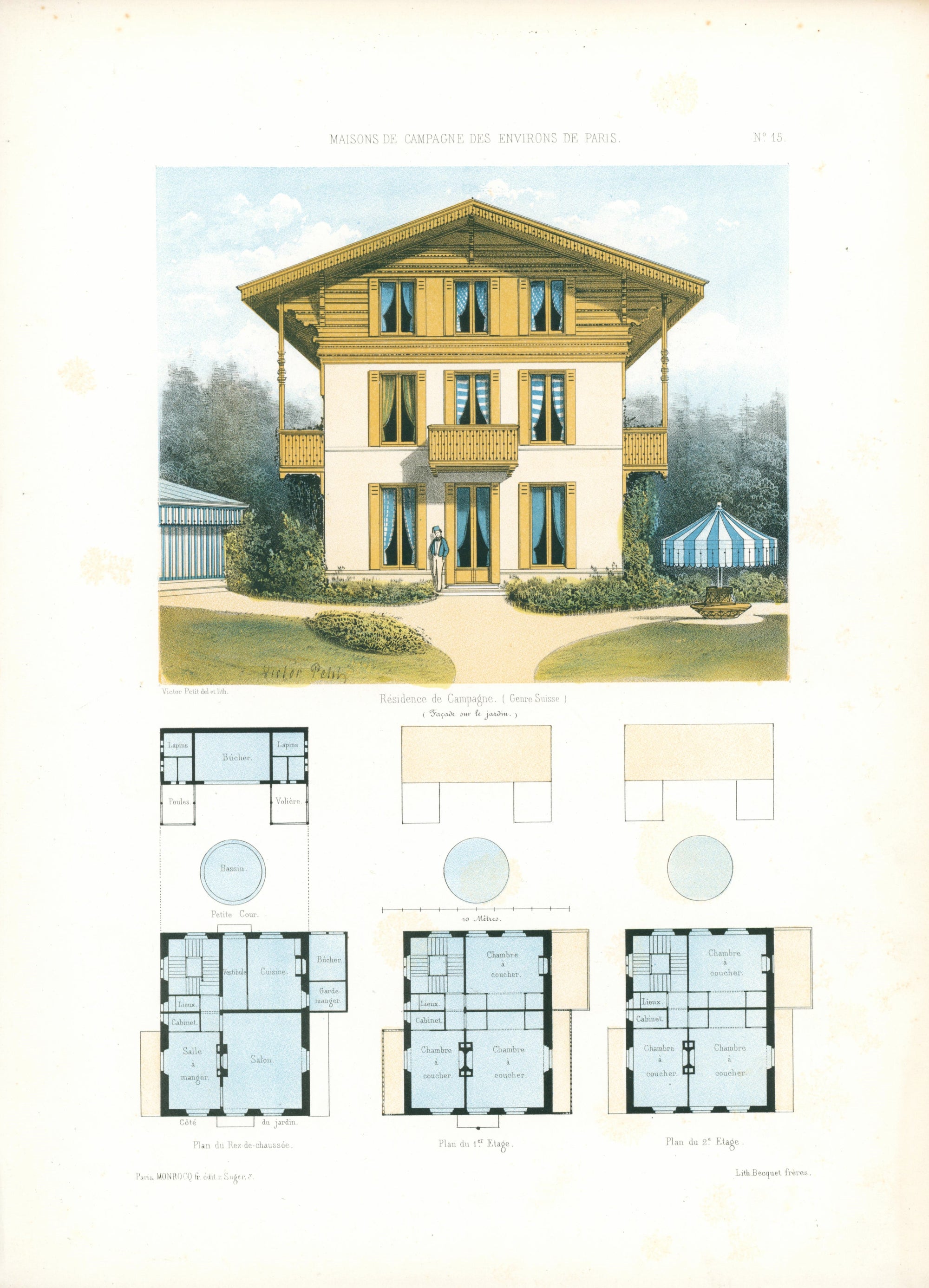 Maisons de Campagne- French Architectural Plan, NO.15 - Authentic Vintage Antique Print