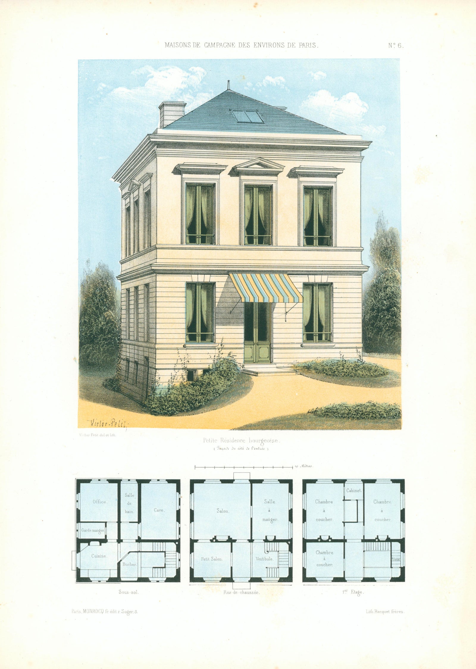 Maisons de Campagne- French Architectural Plan, NO.6 - Authentic Vintage Antique Print