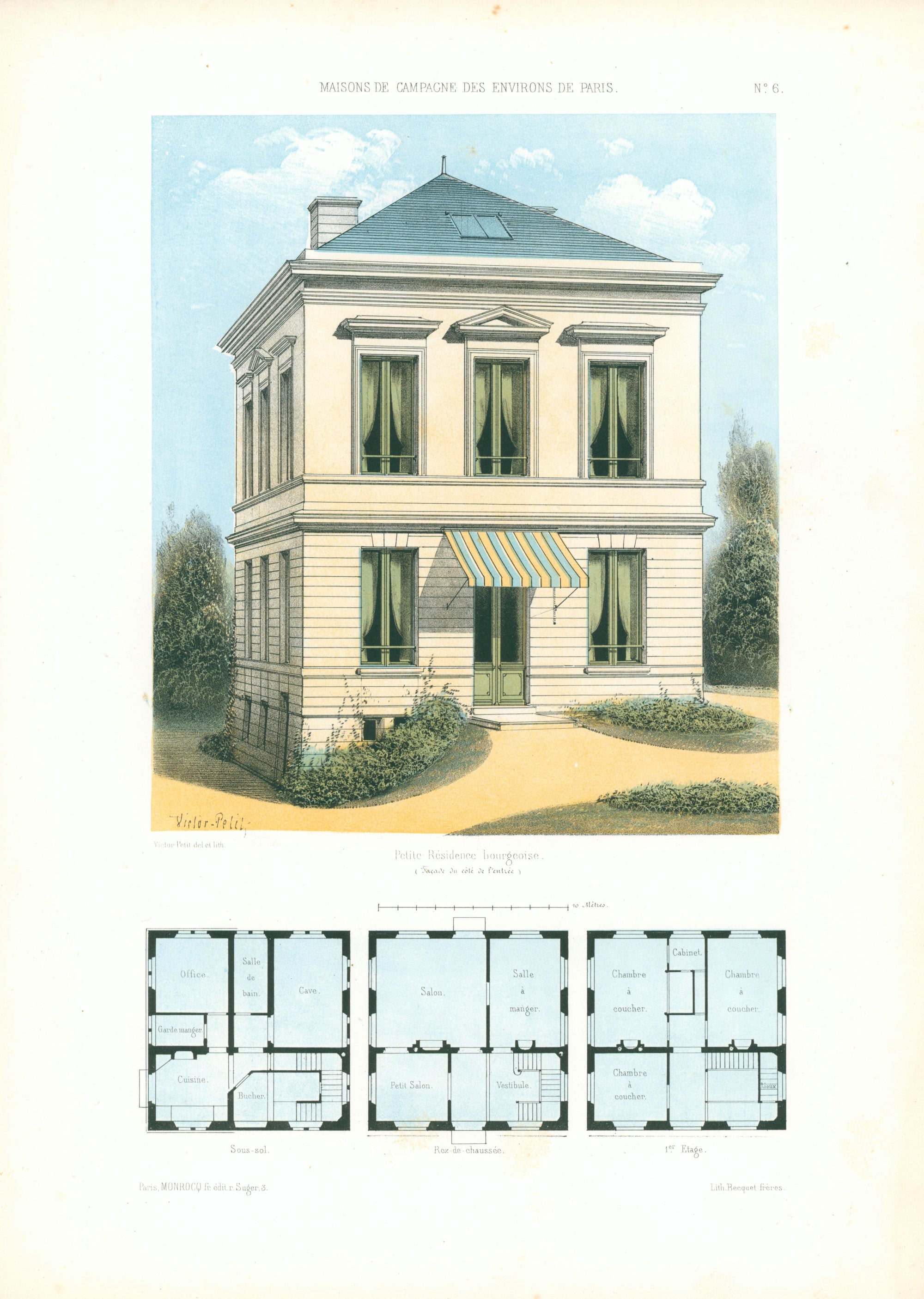 Maisons de Campagne- French Architectural Plan, NO.6 - Authentic Vintage Antique Print