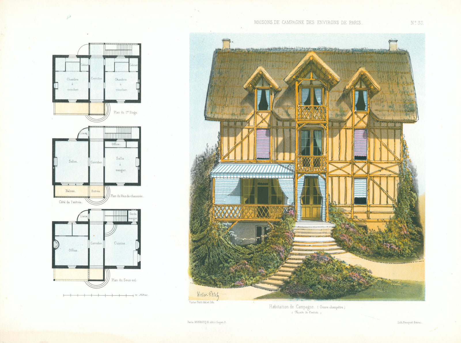 Maisons de Campagne- French Architectural Plan, NO.33 - Authentic Vintage Antique Print
