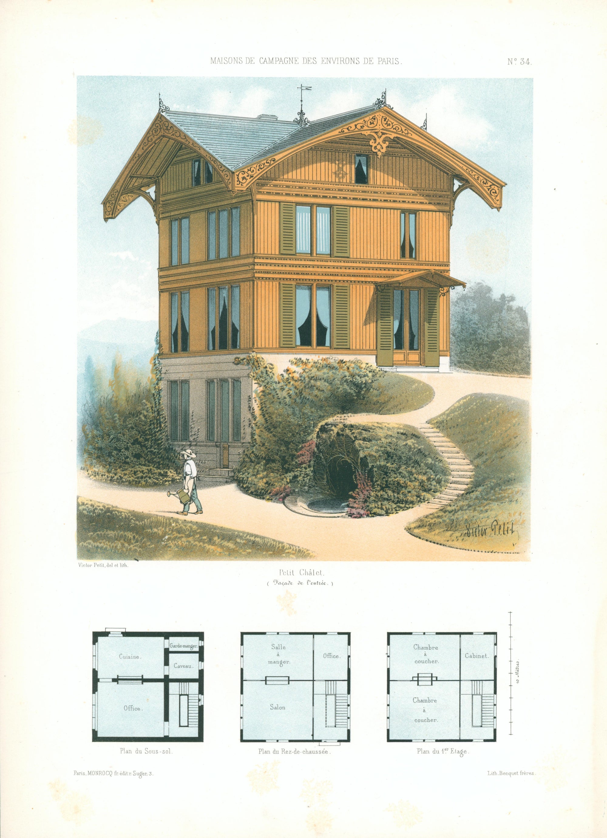 Maisons de Campagne- French Architectural Plan, NO.34 - Authentic Vintage Antique Print