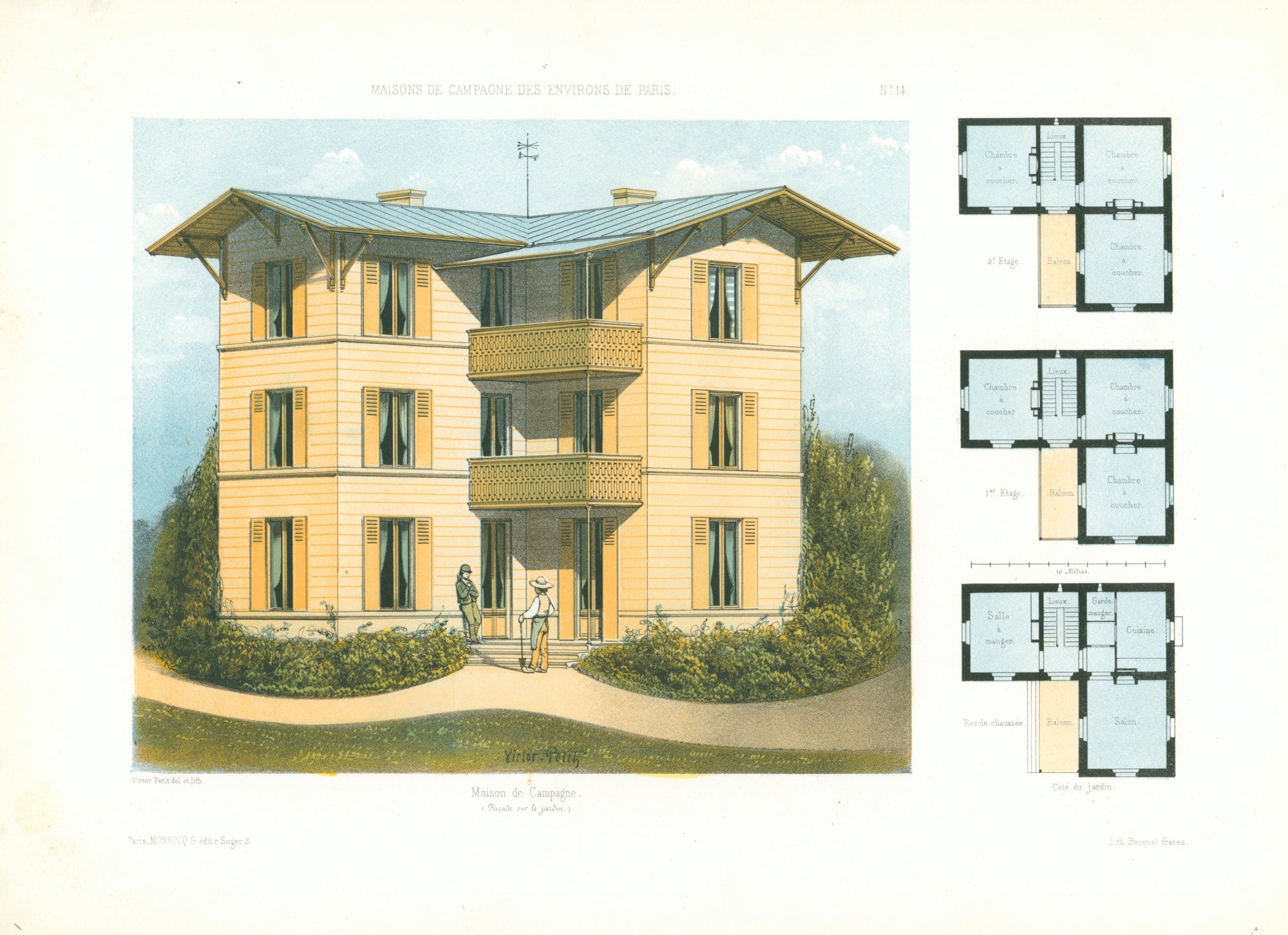 Maisons de Campagne- French Architectural Plan, NO.14 - Authentic Vintage Antique Print