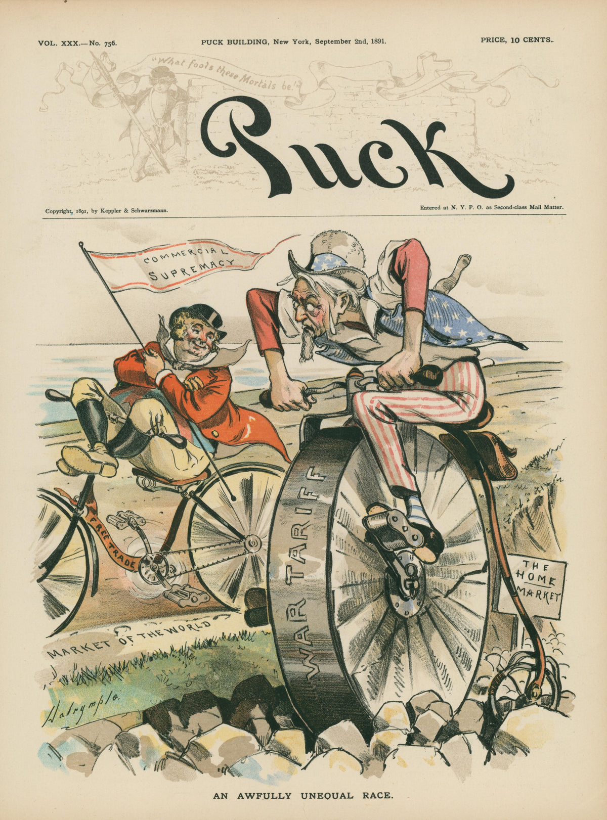 An Unequal Race- Puck Magazine - Authentic Vintage Cover Art