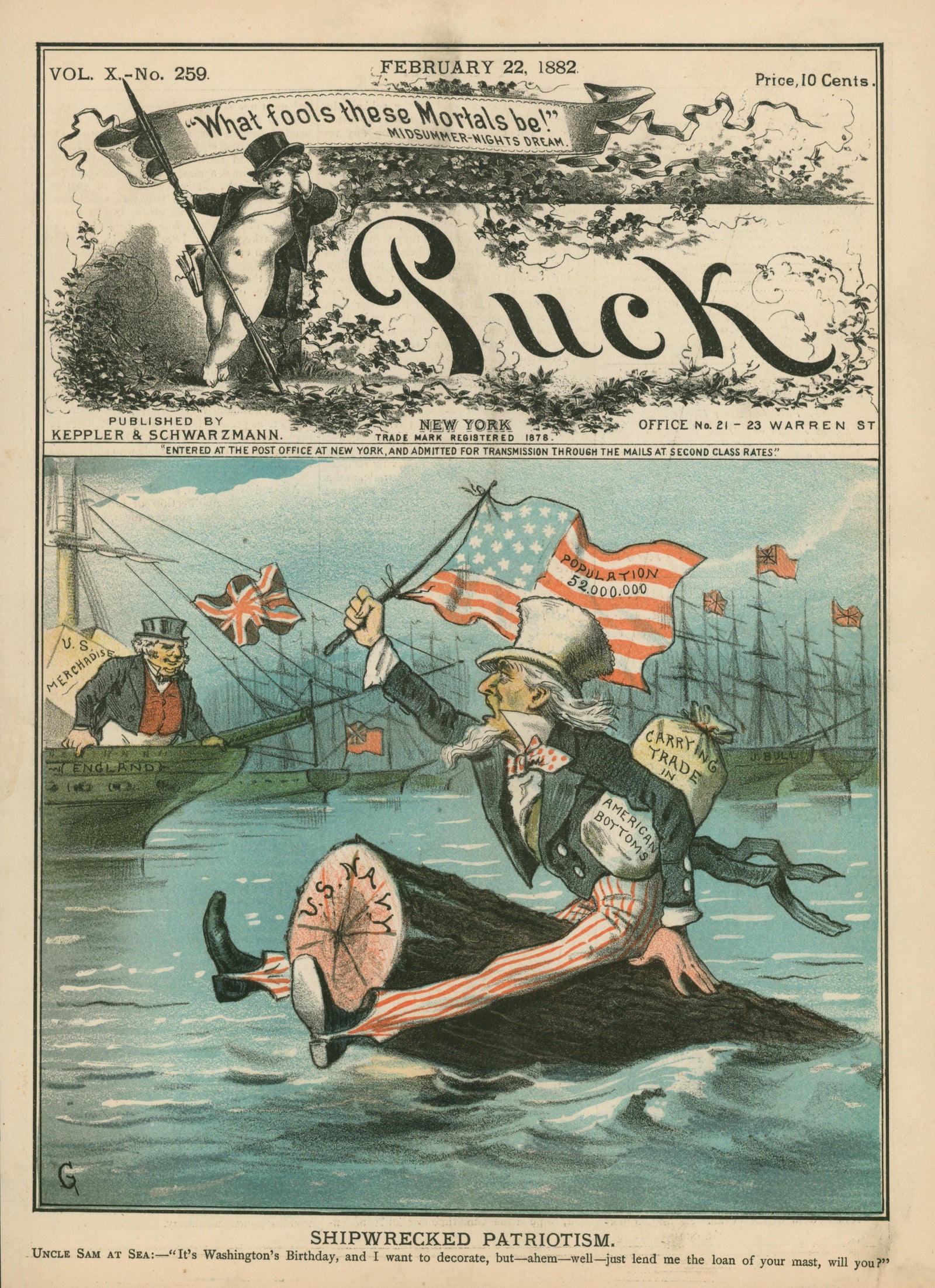 Shipwrecked Patriotism- Puck Magazine - Authentic Vintage Cover Art