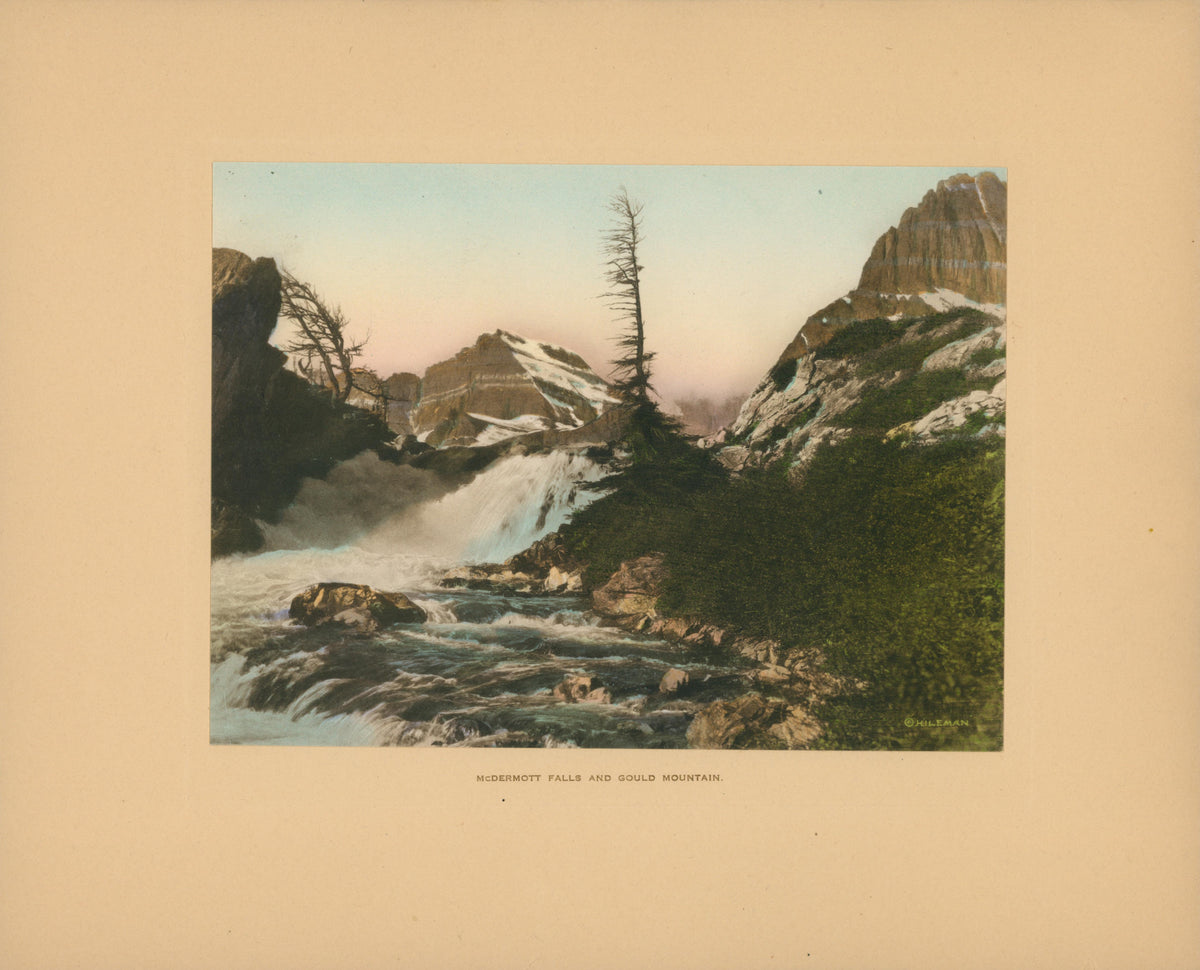 Glacier National Park, McDermott Falls and Gould Mountain - Authentic Vintage Antique Print