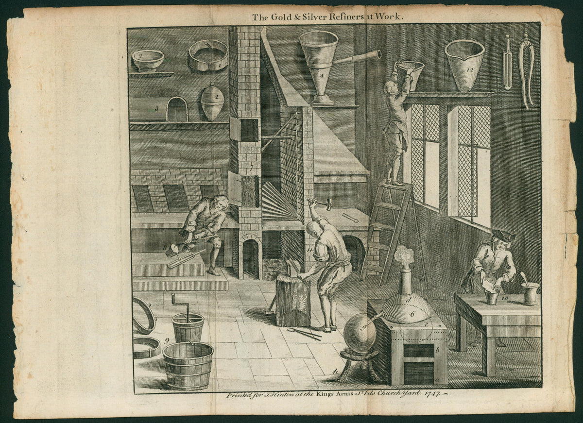 Universal Mag. 1747 Antique Print. Gold and Silver Refiners at Work - Authentic Vintage Antique Print