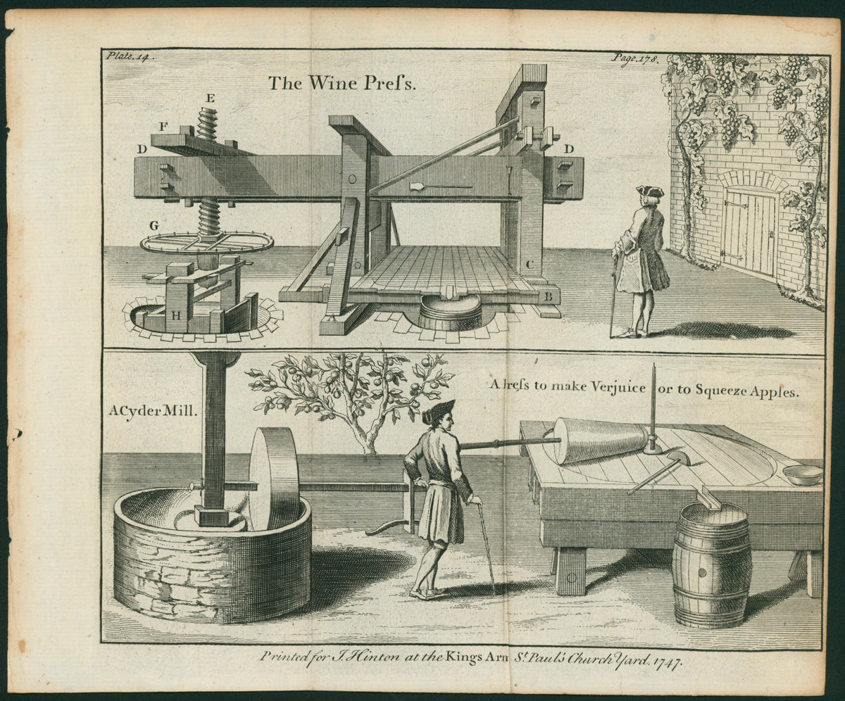 Universal Mag. 1747 Antique Print. Wine and Cider Press - Authentic Vintage Antique Print