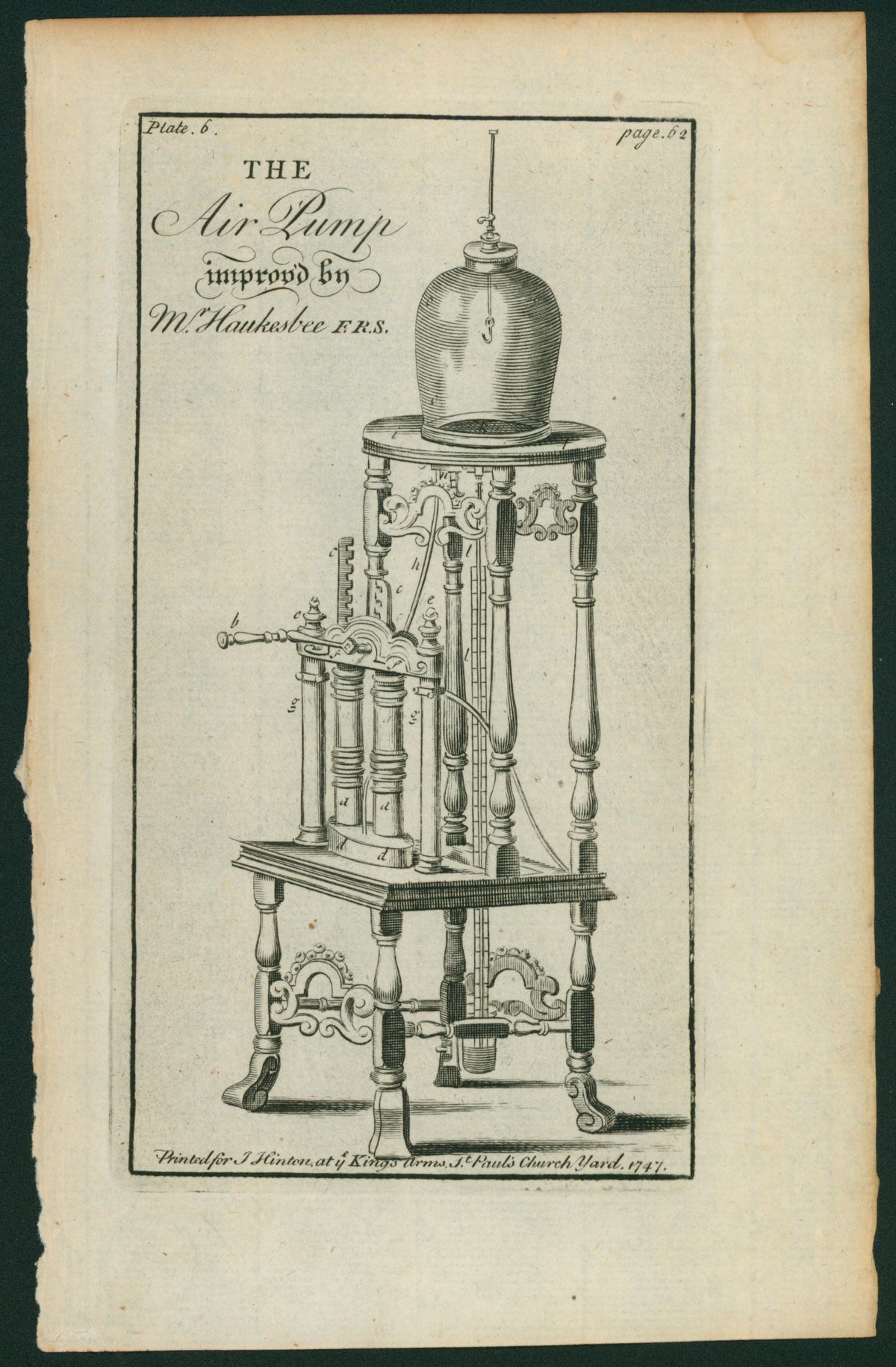 Universal Mag. 1748 Antique Print. The Air Pump improved by Haukesbee - Authentic Vintage Antique Print