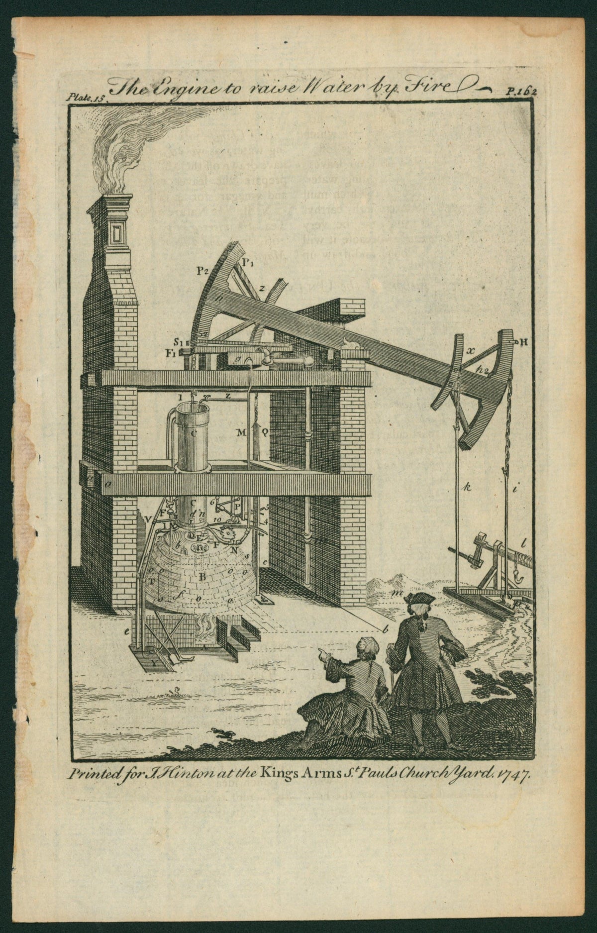 Universal Mag. 1747 Antique Print. Engine to raise water by Fire - Authentic Vintage Antique Print