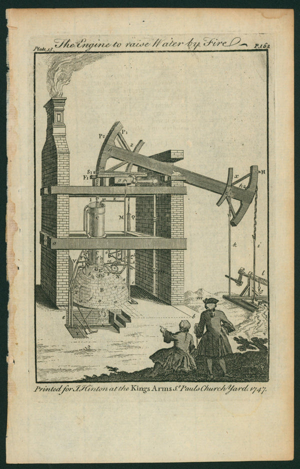 Engine to Raise Water by Fire- Copper Engraving - Authentic Vintage Antique Print