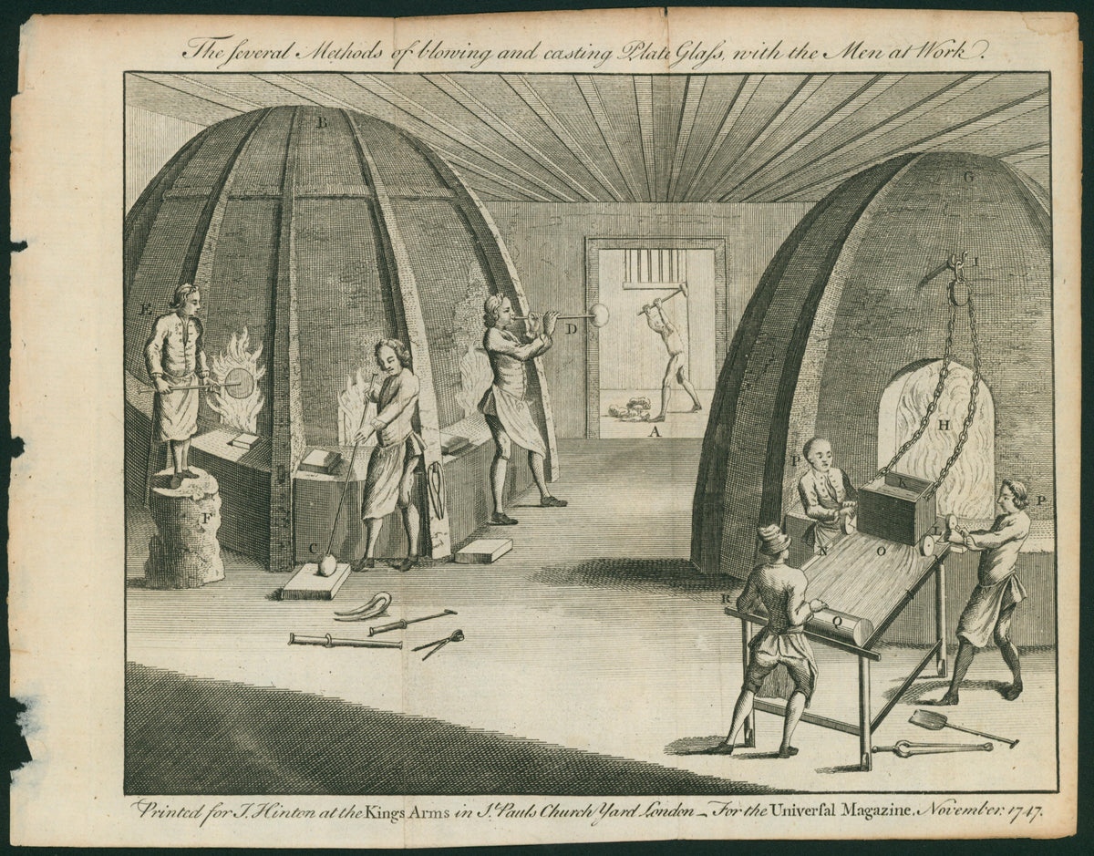 Universal Mag. 1747 Antique Print. Methods of Blowing and Casting Plate Glass - Authentic Vintage Antique Print