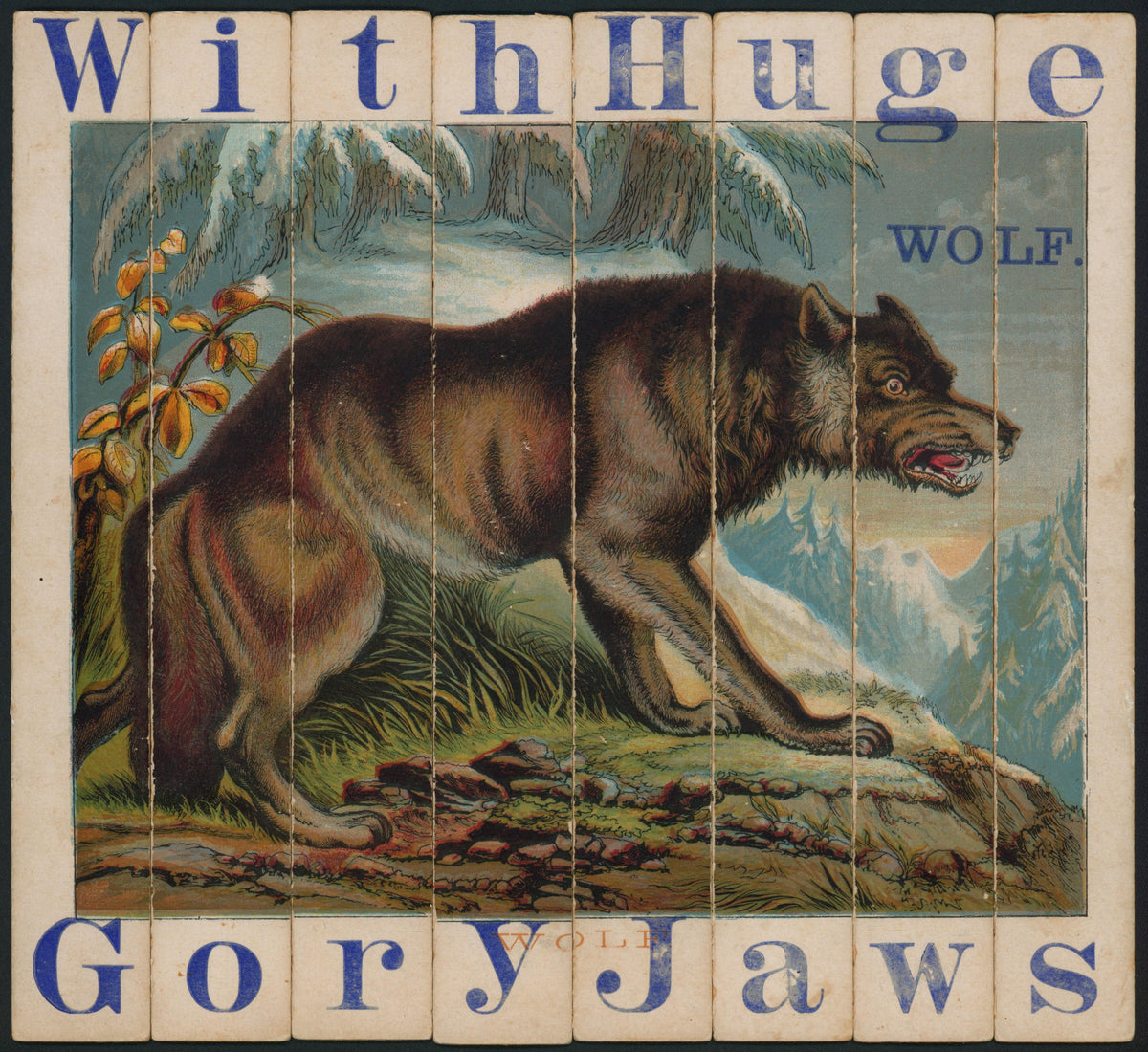 With Huge Gory Jaws, Victorian Wolf Puzzle - Original Antique Print: