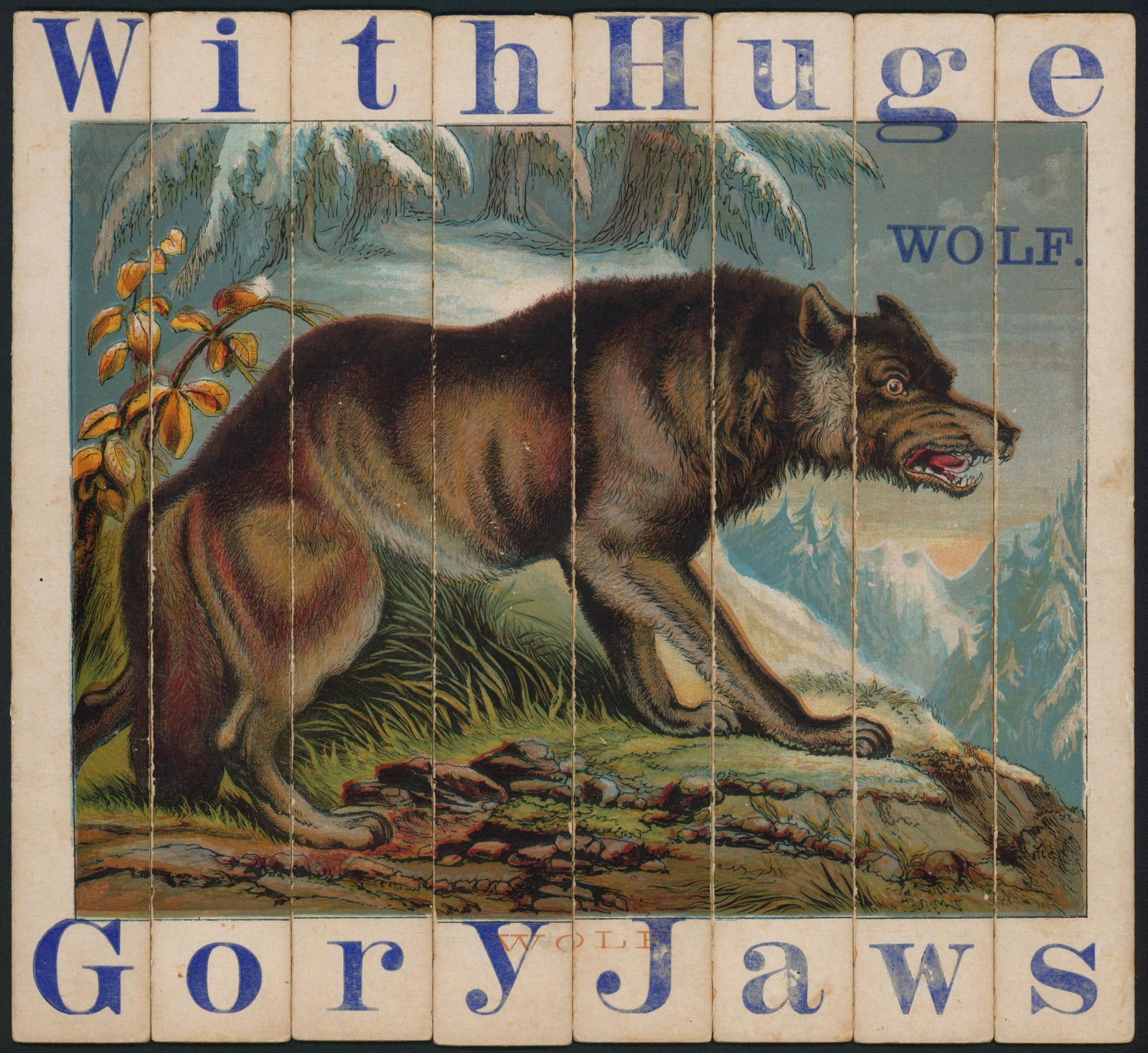 With Huge Gory Jaws, Victorian Wolf Puzzle - Original Antique Print: