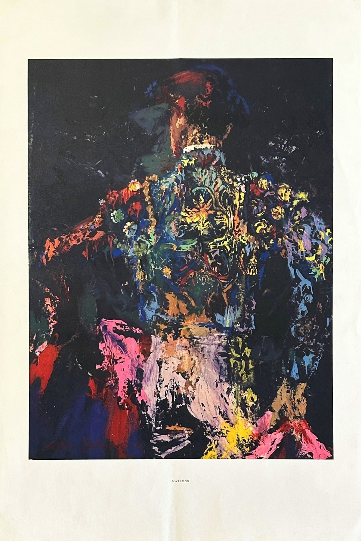 Matador by LeRoy Neiman captures a matador from behind in a luminous Suit of Lights, his jacket alive with vivid yellow, blue, and pink—dynamic movement and dramatic contrast pop against the dark backdrop in this striking artwork.