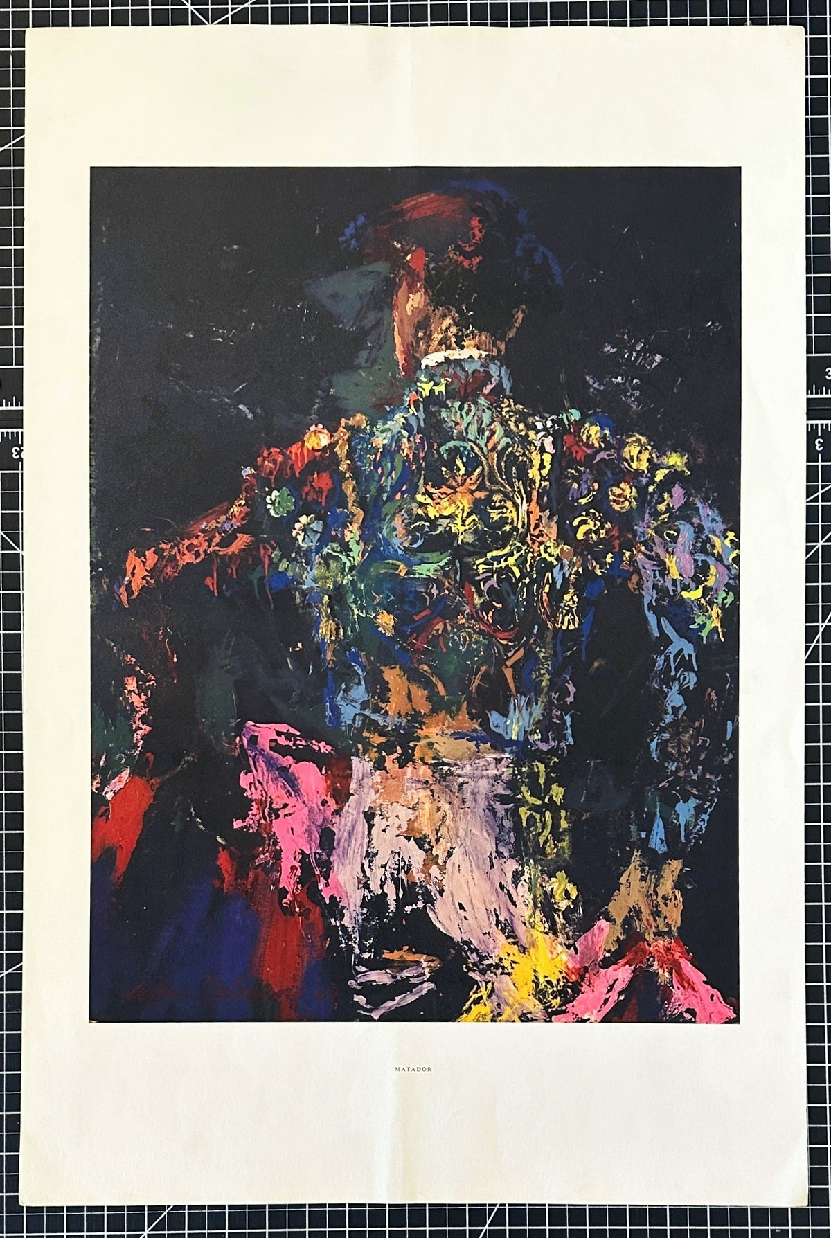 Matador by LeRoy Neiman features a bullfighter seen from behind, showcasing vivid colors, bold brushstrokes, intricate floral patterns on the Suit of Lights, and a striking red and pink cape against a dark background.