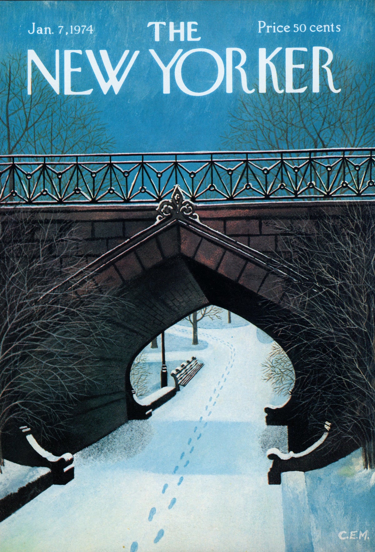 Snowy Park Stroll- The New Yorker - Authentic Vintage Cover Art