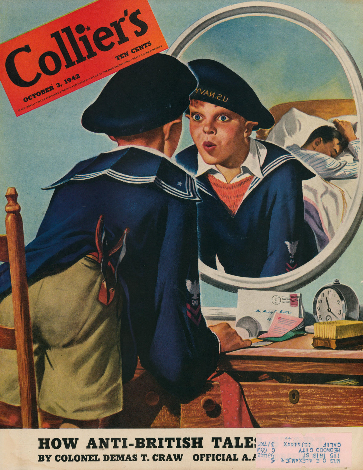 A young person in a sailor suit looks surprised into a round mirror on a desk full of books, papers, and a clock. This vintage print is featured as the cover artwork of 11- Collier's Magazine from 1942.
