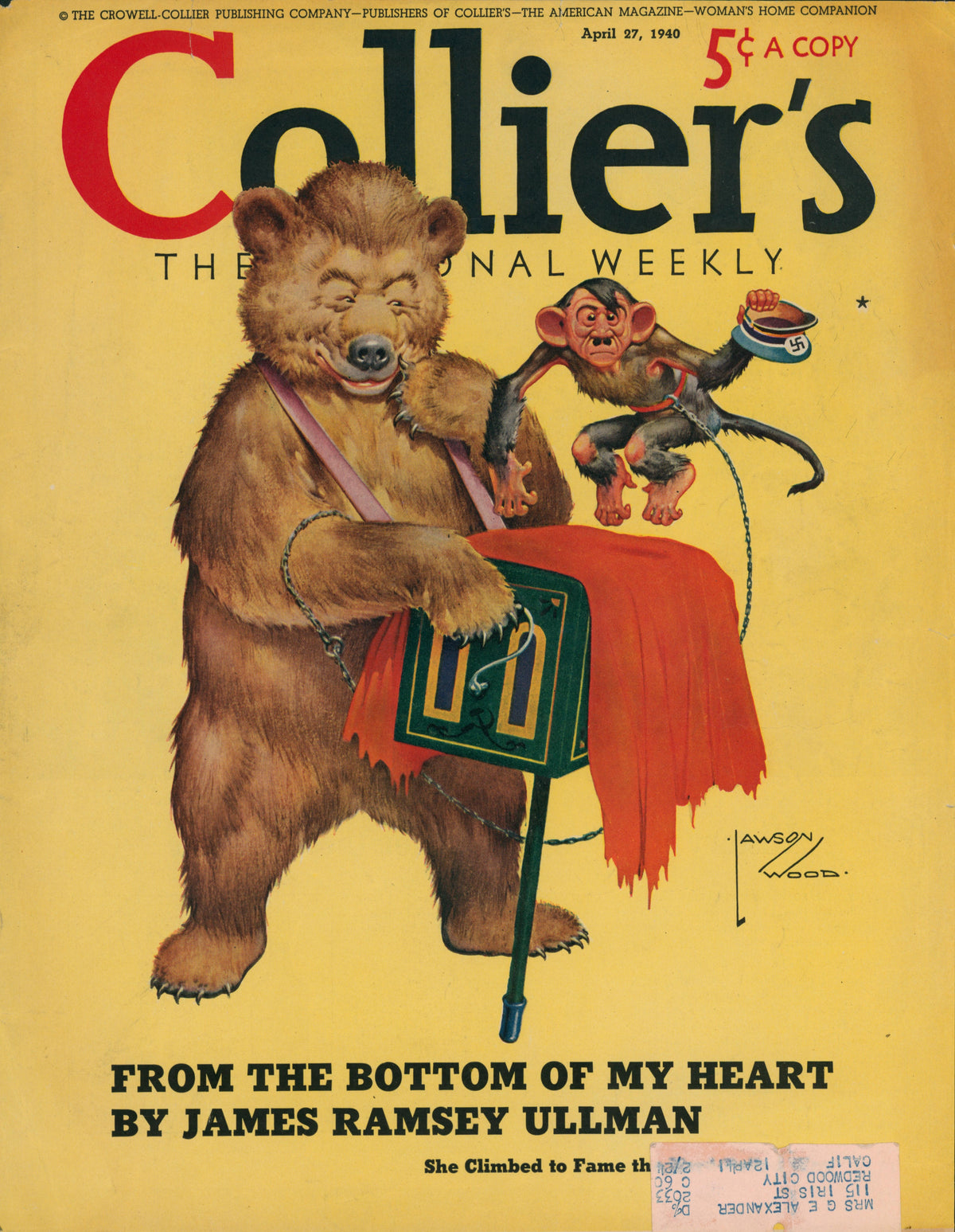 A dancing monkey in a red vest holds a tin cup as a bear plays a hurdy-gurdy, set against a yellow backdrop with the Collier's Magazine title—this vintage cover art graces the "12- Collier's Magazine.