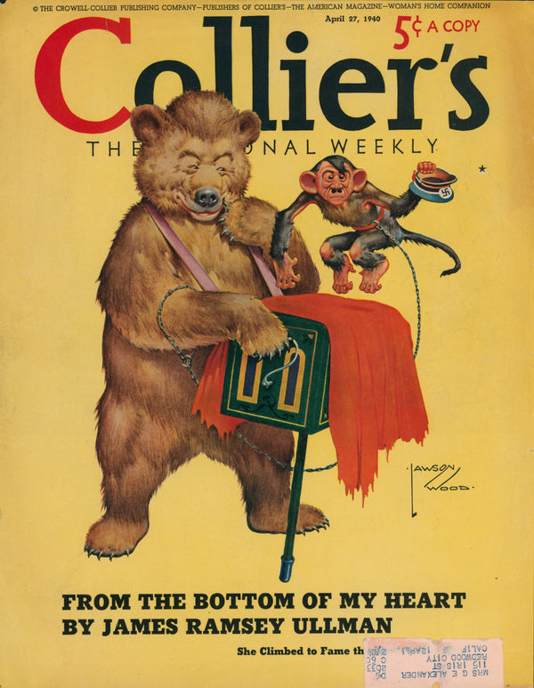 A dancing monkey in a red vest holds a tin cup as a bear plays a hurdy-gurdy, set against a yellow backdrop with the Collier's Magazine title—this vintage cover art graces the "12- Collier's Magazine.