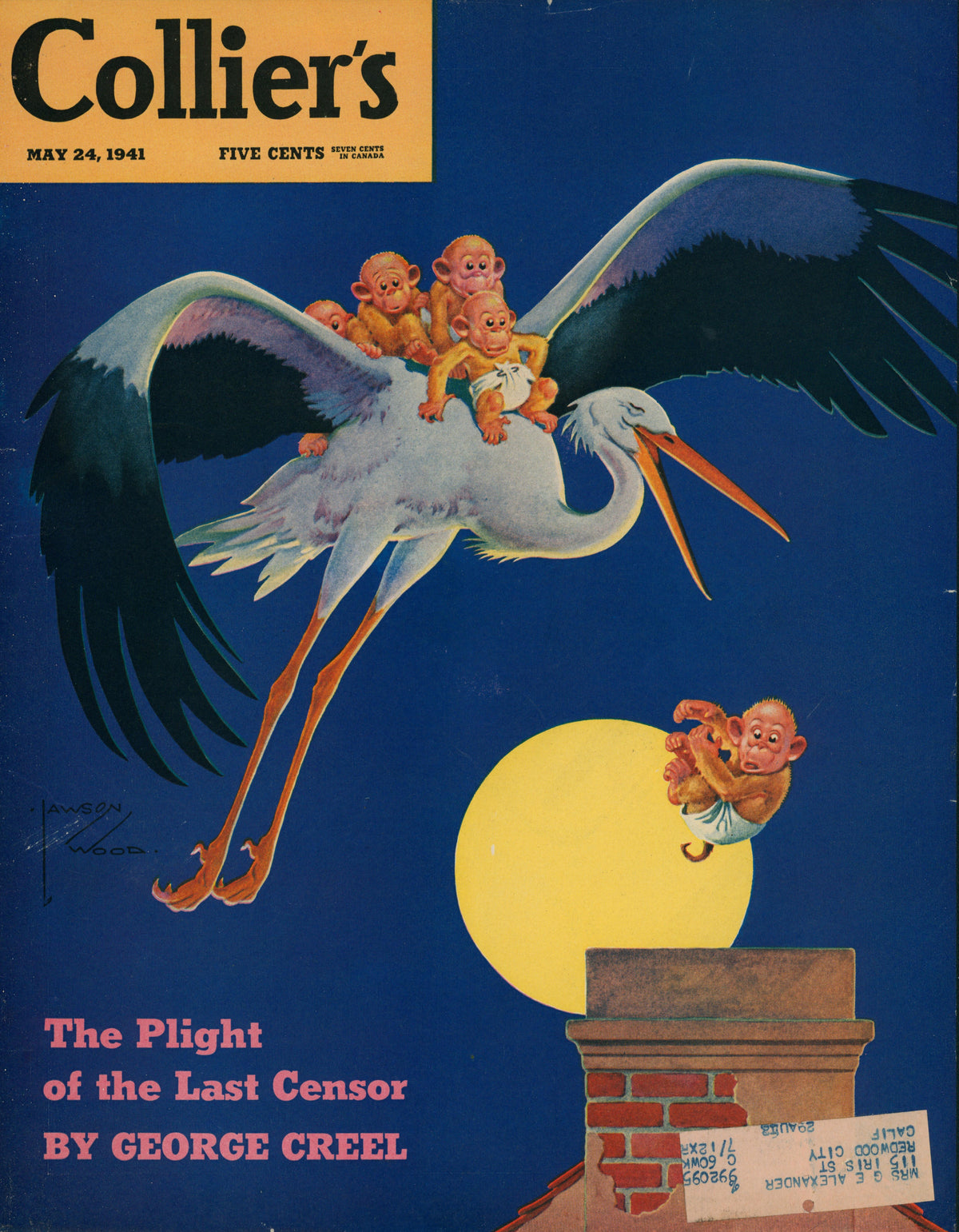 A stork carries four babies in blankets above a rooftop at night in this charming vintage cover artwork for 13- Collier's Magazine, dated May 24, 1941.