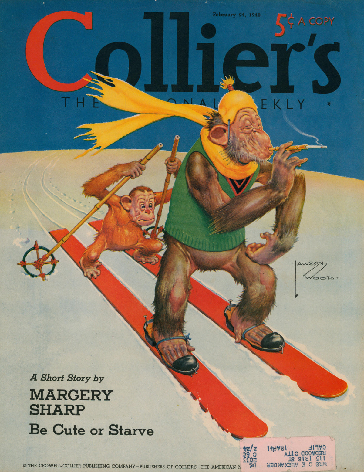 A cartoon chimpanzee skis down a slope in winter clothes, with a nervous monkey clinging to its back, featured on the 1940 cover of 14- Collier's Magazine against a blue background.