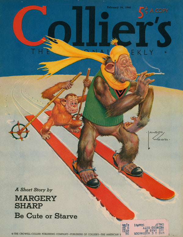 A cartoon chimpanzee skis down a slope in winter clothes, with a nervous monkey clinging to its back, featured on the 1940 cover of 14- Collier's Magazine against a blue background.