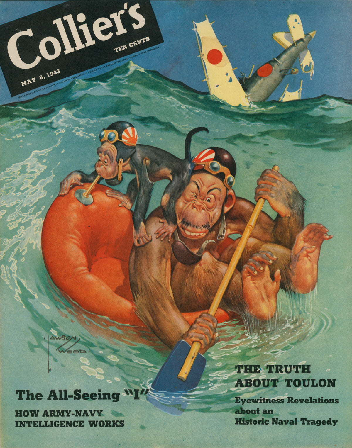 A 1943 vintage Collier's Magazine cover shows two cartoon monkeys in Japanese pilot helmets on a life raft, paddling as their crashed plane sinks behind them.