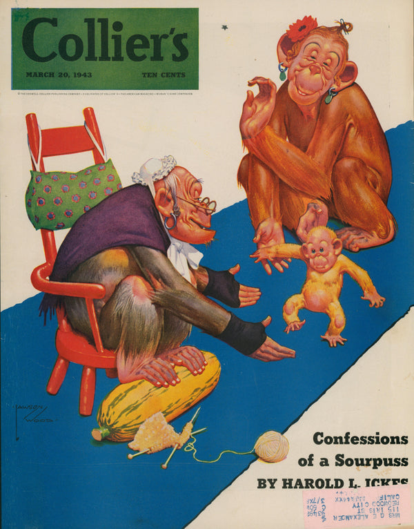 A vintage print of "17- Collier's Magazine" features the March 20, 1943 cover art with two anthropomorphic monkeys—one knitting in a rocking chair and another playing on the floor with a baby monkey.