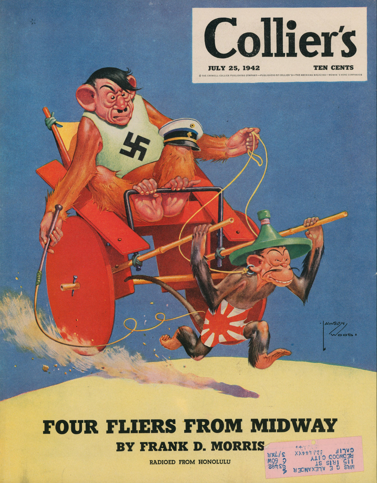 19- Collier's Magazine vintage print (July 25, 1942) shows caricatured Axis leaders as monkeys—one in Nazi attire pulling a cart, the other in Japanese uniform riding. Both have exaggerated features. Unique collectible print.