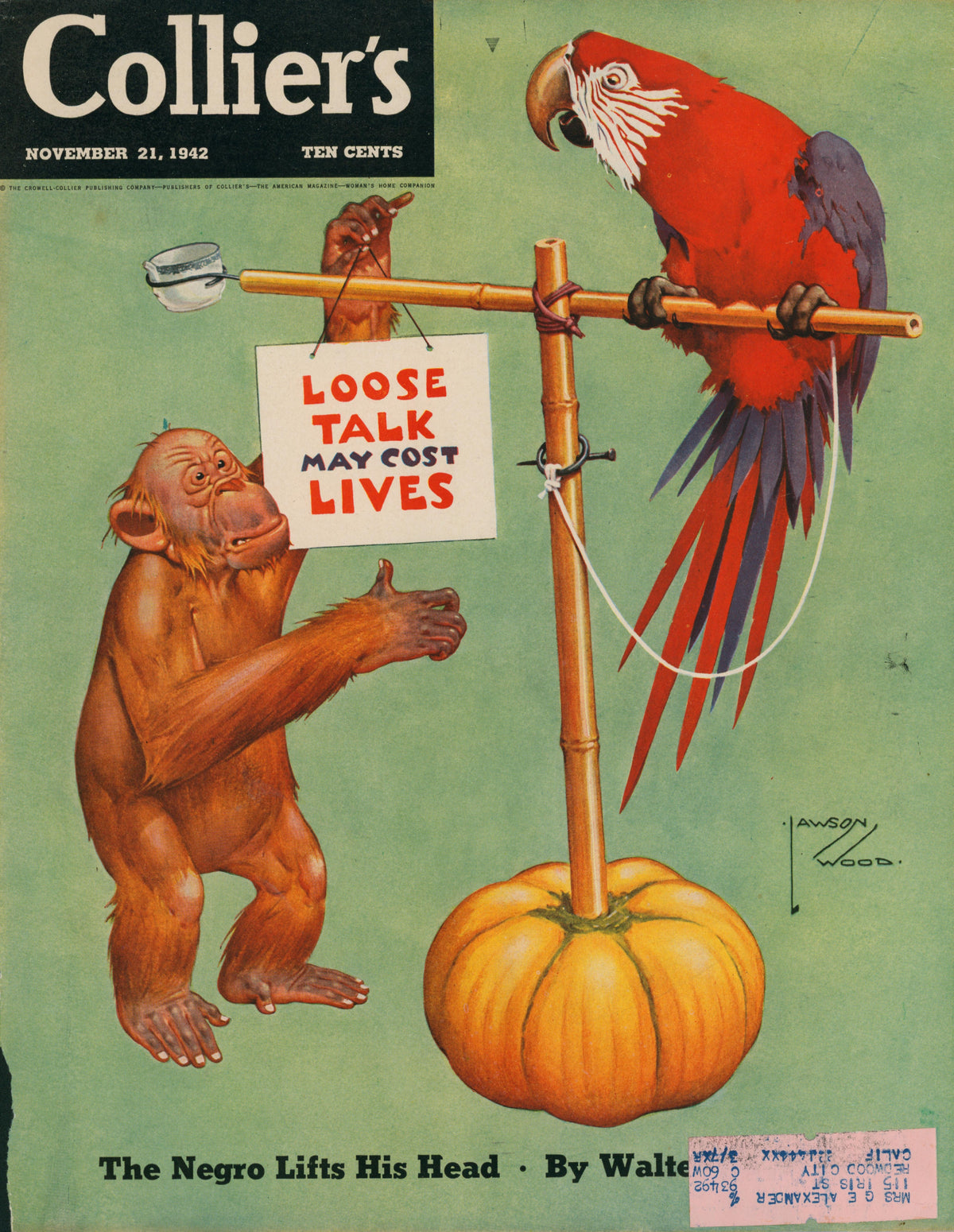 A vintage print of the 20- Collier's Magazine cover from November 21, 1942, shows a chimpanzee giving a thumbs up to a parrot with a "Loose talk may cost lives" sign and a pumpkin below the illustrated artwork.