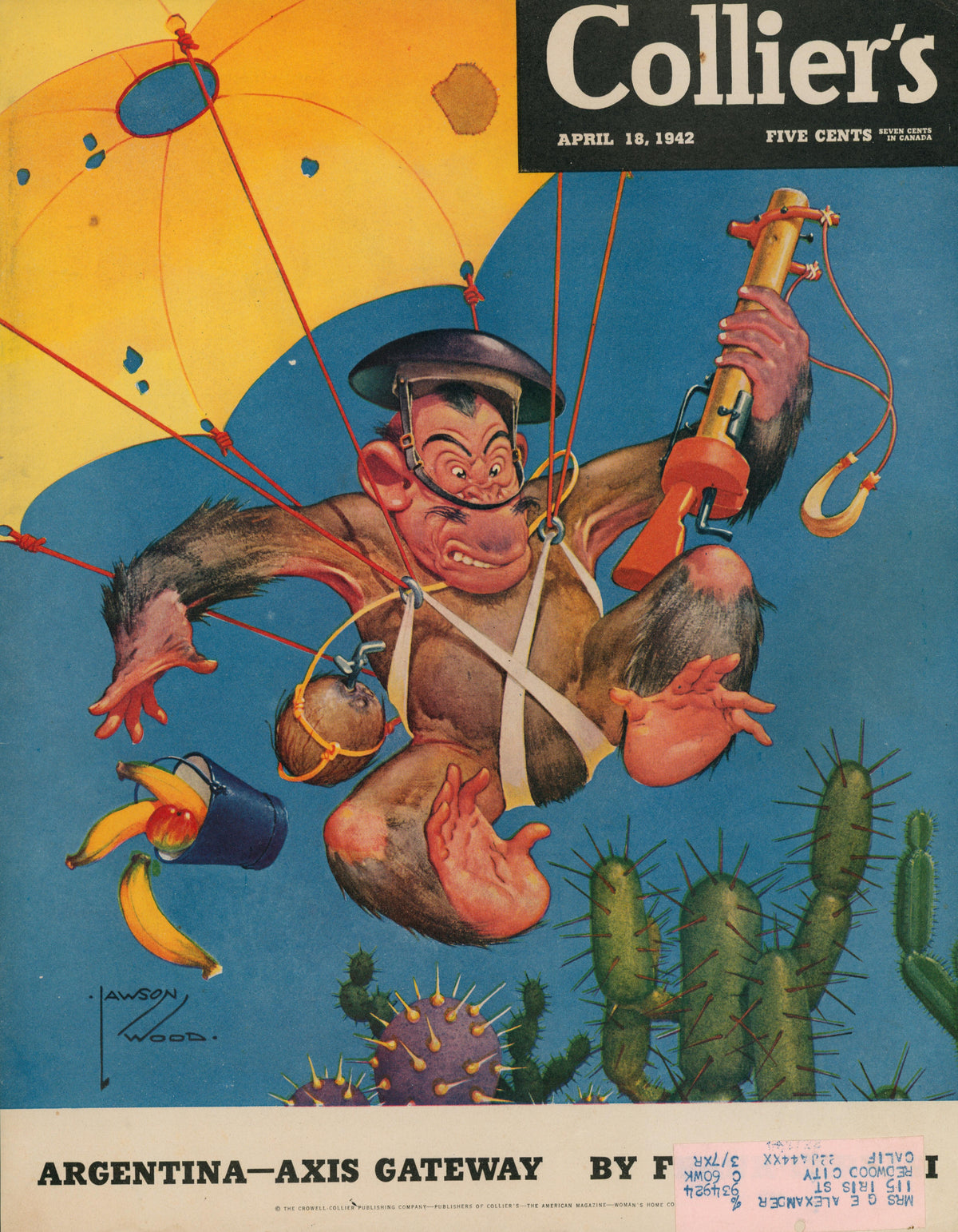 A cartoon monkey in a military helmet parachutes with banana and canteen toward cacti. This vintage cover from Collier's Magazine (April 18, 1942) features the headline “ARGENTINA–AXIS GATEWAY.” Product: 21- Collier's Magazine.