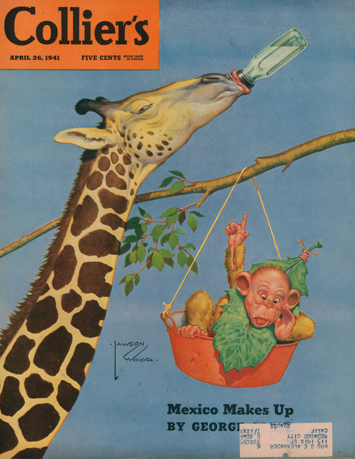 A giraffe drinks from a glass bottle as a baby monkey in leaves sits in a cradle, finger to mouth. This vintage scene is the cover art for 22- Collier's Magazine, dated April 26, 1941.