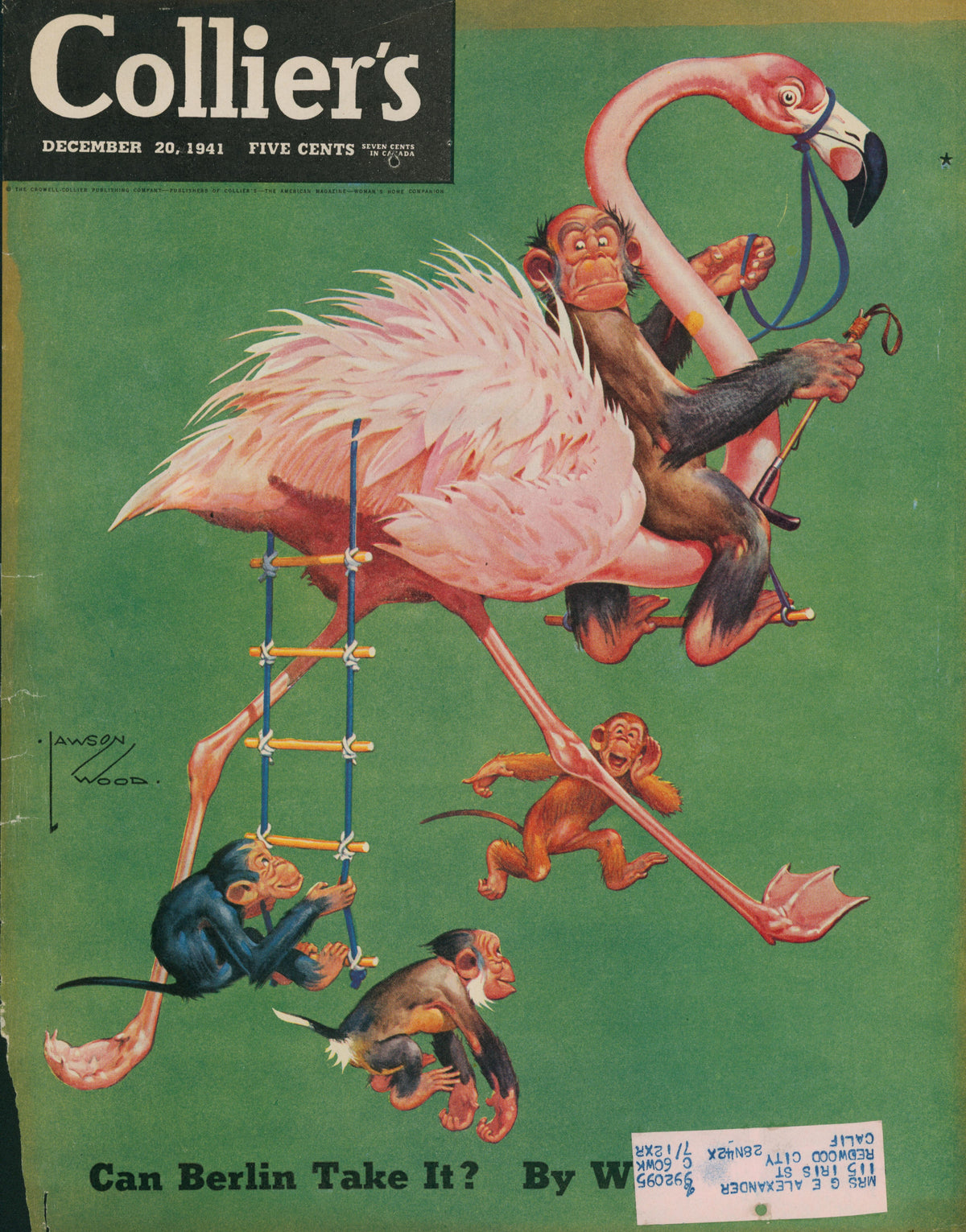 This collectible 23- Collier's Magazine print features a large pink flamingo carrying four playful monkeys and the headline: “Can Berlin Take It?”.