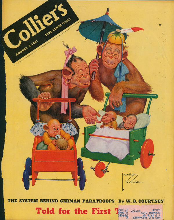 This 24-Collier's Magazine collectible cover from August 9, 1941, features two adult monkeys with baby monkeys in strollers—one holding an umbrella, the other feeding a baby in a red stroller.