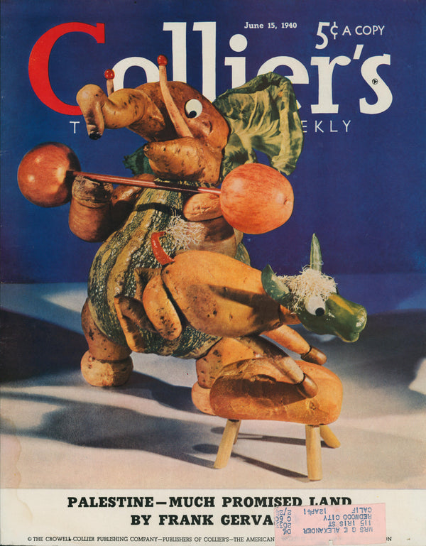 26- Collier's Magazine: Vintage June 15, 1940 cover art featuring an elephant crafted from vegetables and toothpicks playing drums, beneath the headline "Palestine—Much Promised Land." Collectible magazine artwork.