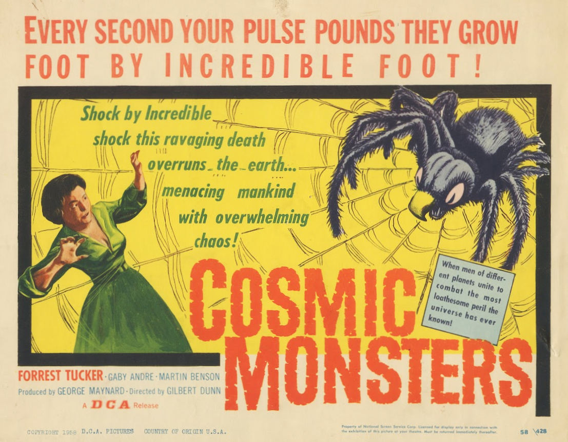 A vintage original Cosmic Monsters poster shows a giant spider looming over a frightened woman in green, with bold red and yellow text and dramatic taglines about terror and chaos, evoking The Strange World of Planet X.