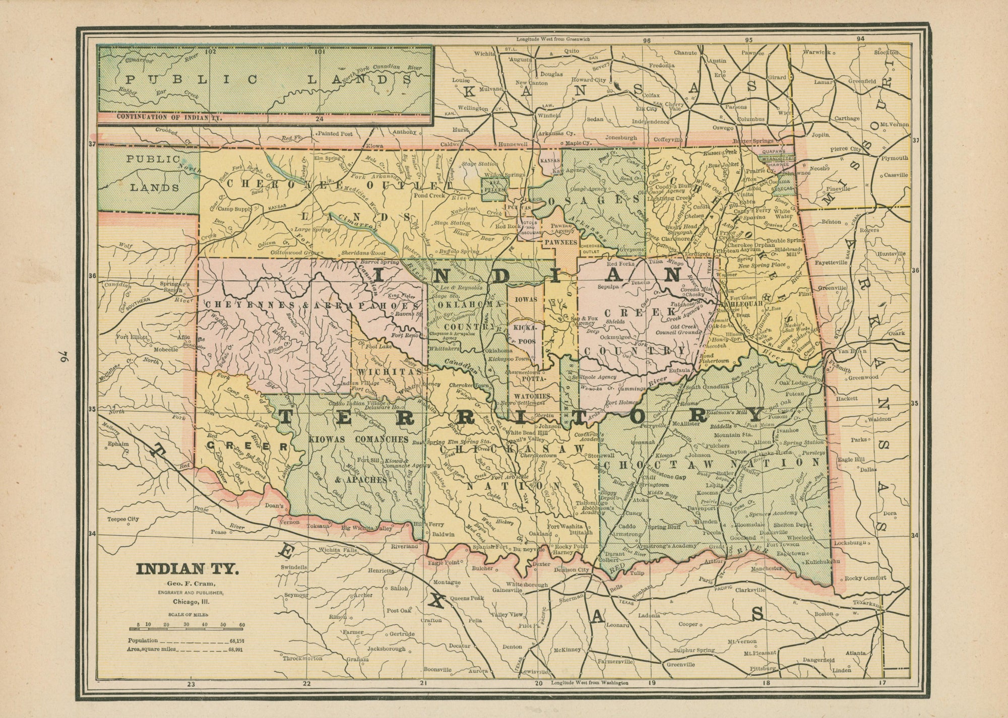 Oklahoma, Indian Territory- Cram's Atlas - Authentic Vintage Map