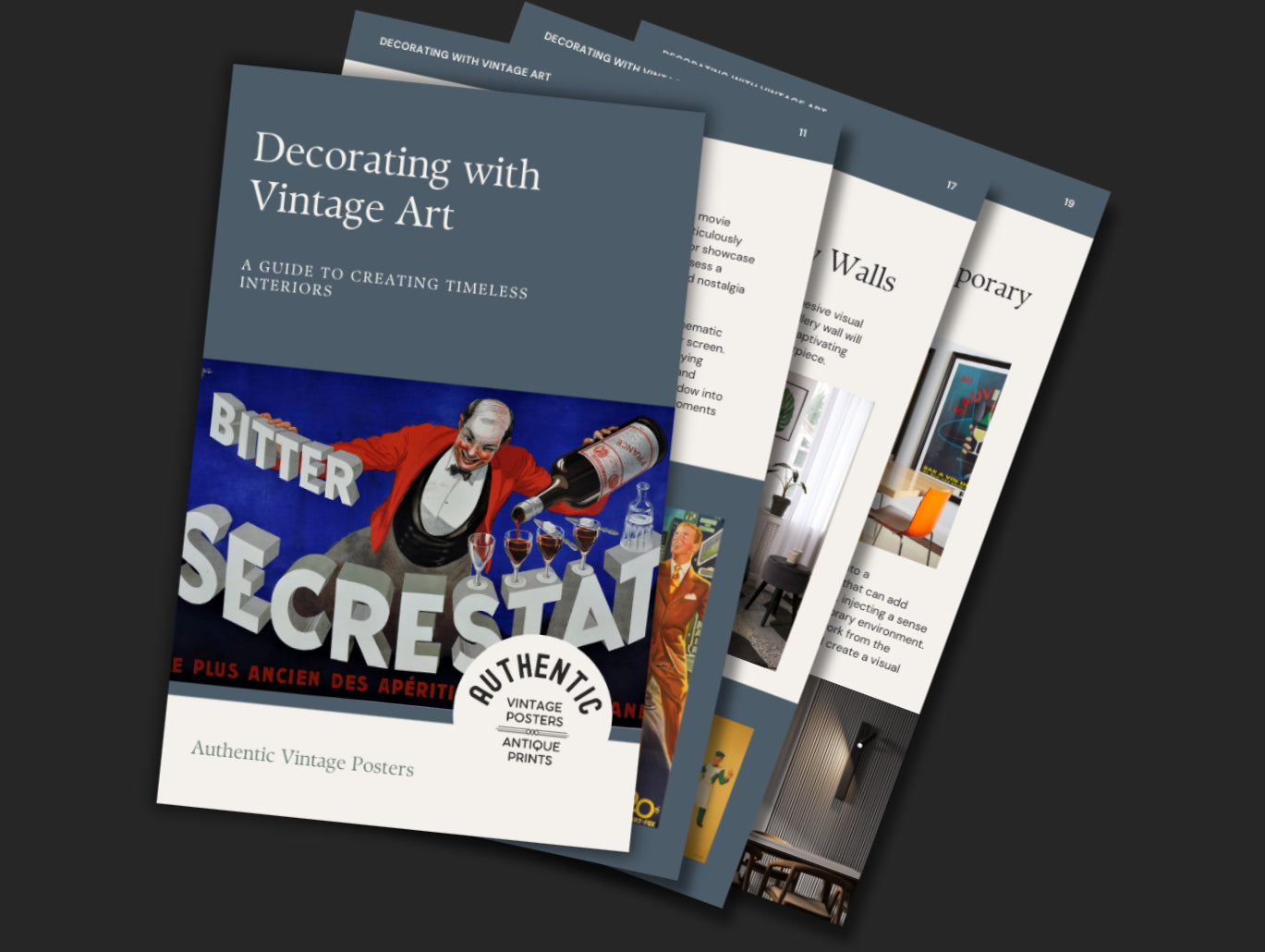 A brochure titled Decorating with Vintage Art featuring a vintage poster on the cover and several inside pages displayed behind it, highlighting interior design tips and vintage artwork.