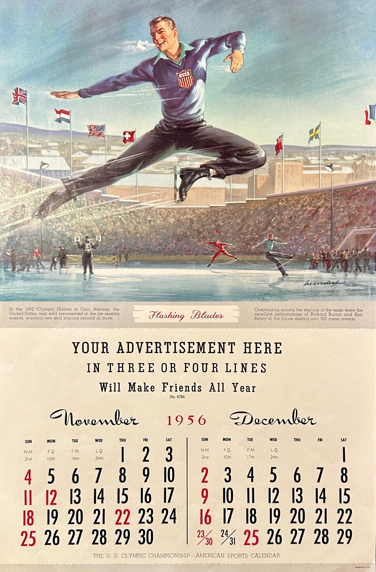 Ice Skating, Olympic Salesman Calendar - Authentic Vintage Illustration