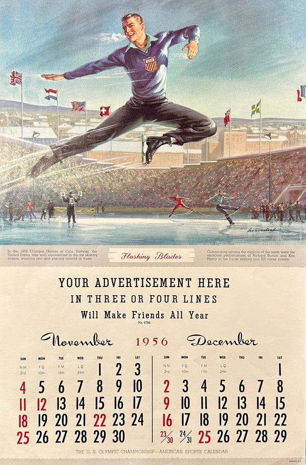 Ice Skating, Olympic Salesman Calendar - Authentic Vintage Illustration