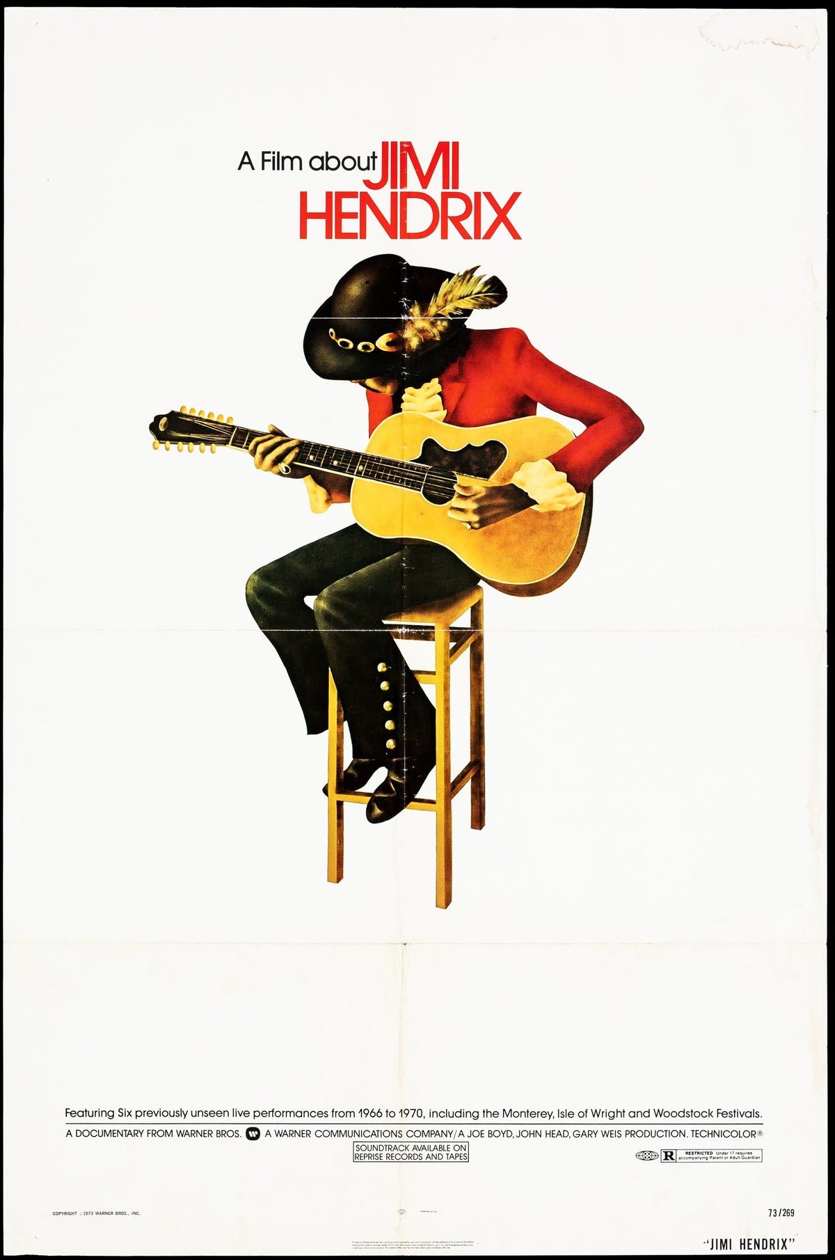 The Jimi Hendrix Folded Movie Poster features an illustrated Hendrix in a red jacket and black hat, seated on a stool playing electric guitar, with subtle aged tones set against a white background.