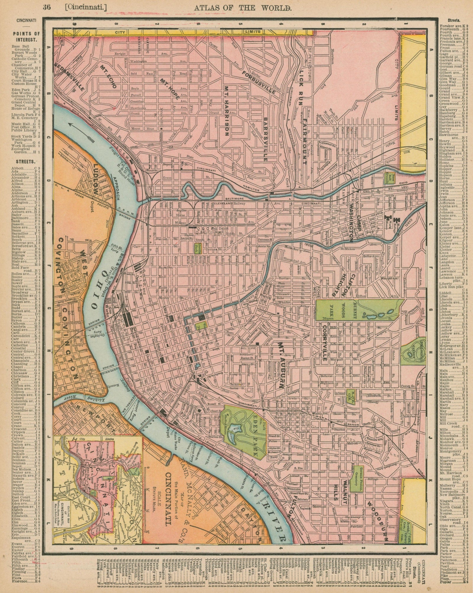 Cincinnati, City Plan- Atlas of the World - Authentic Vintage Map